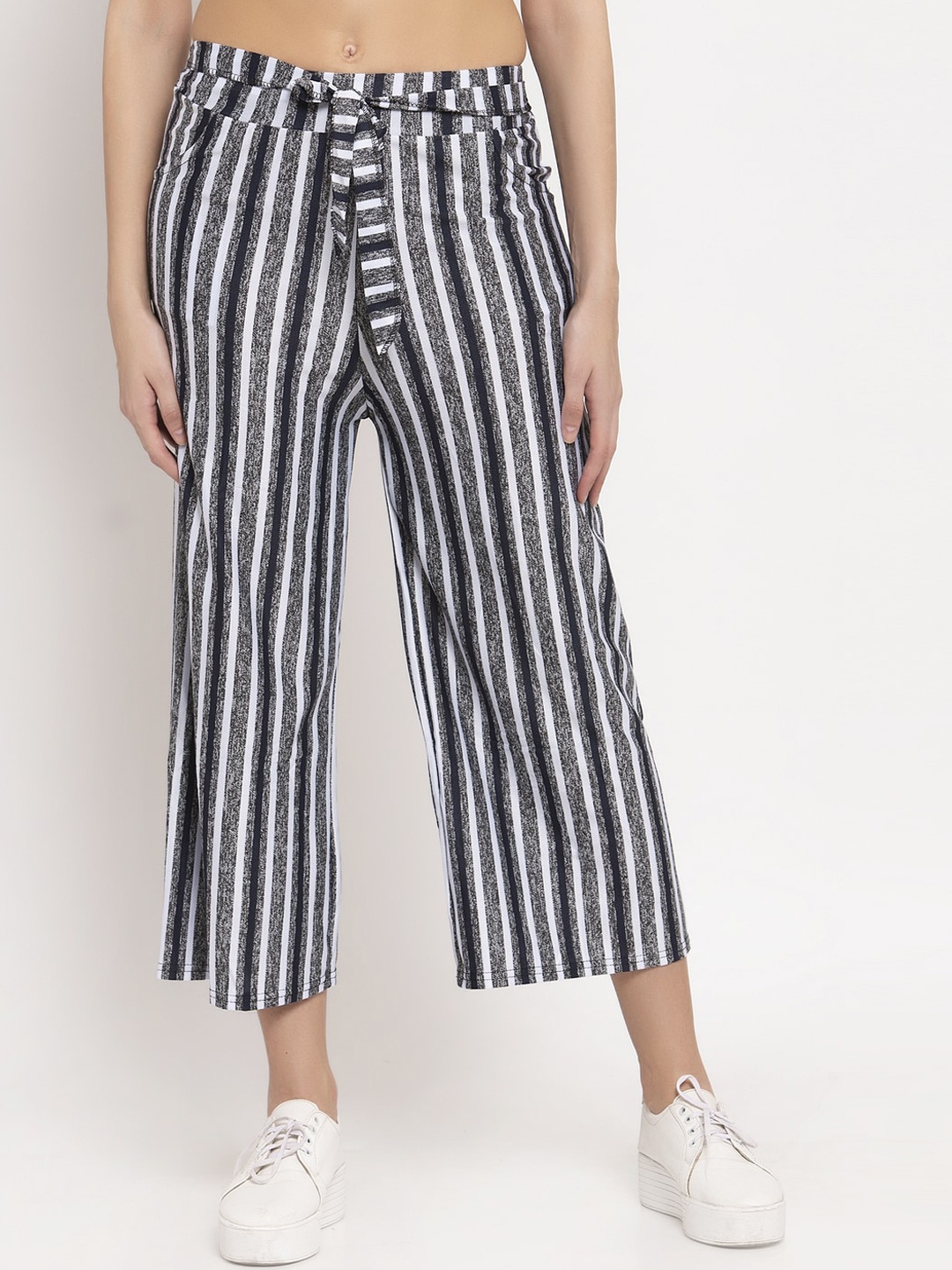 

KLOTTHE Women Grey & White Striped Straight Fit Cropped Palazzos