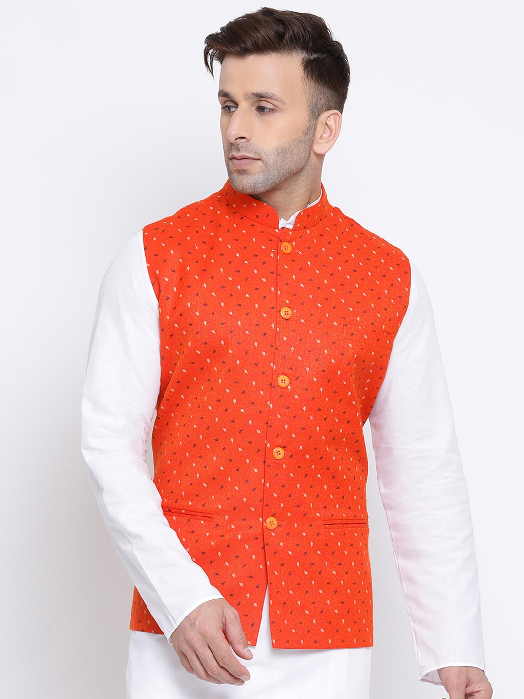 NAMASKAR Men Orange Printed Nehru Jacket