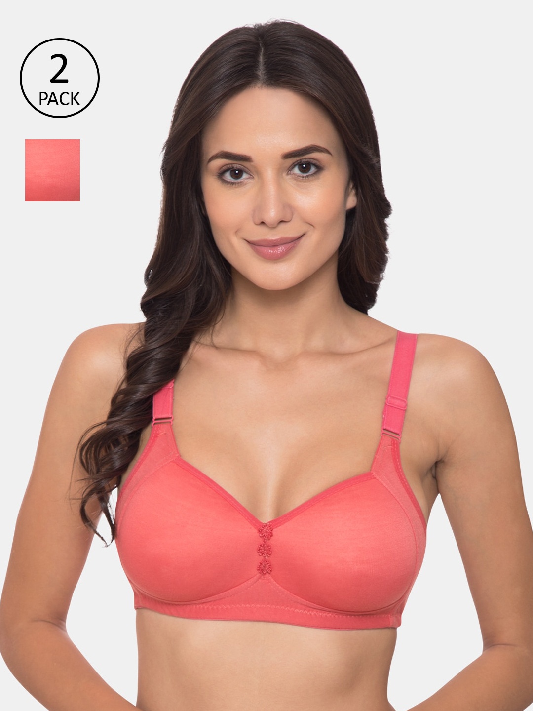 

KOMLI Pack of 2 Coral Solid Non-Wired Lightly Padded Everyday Bra K-911