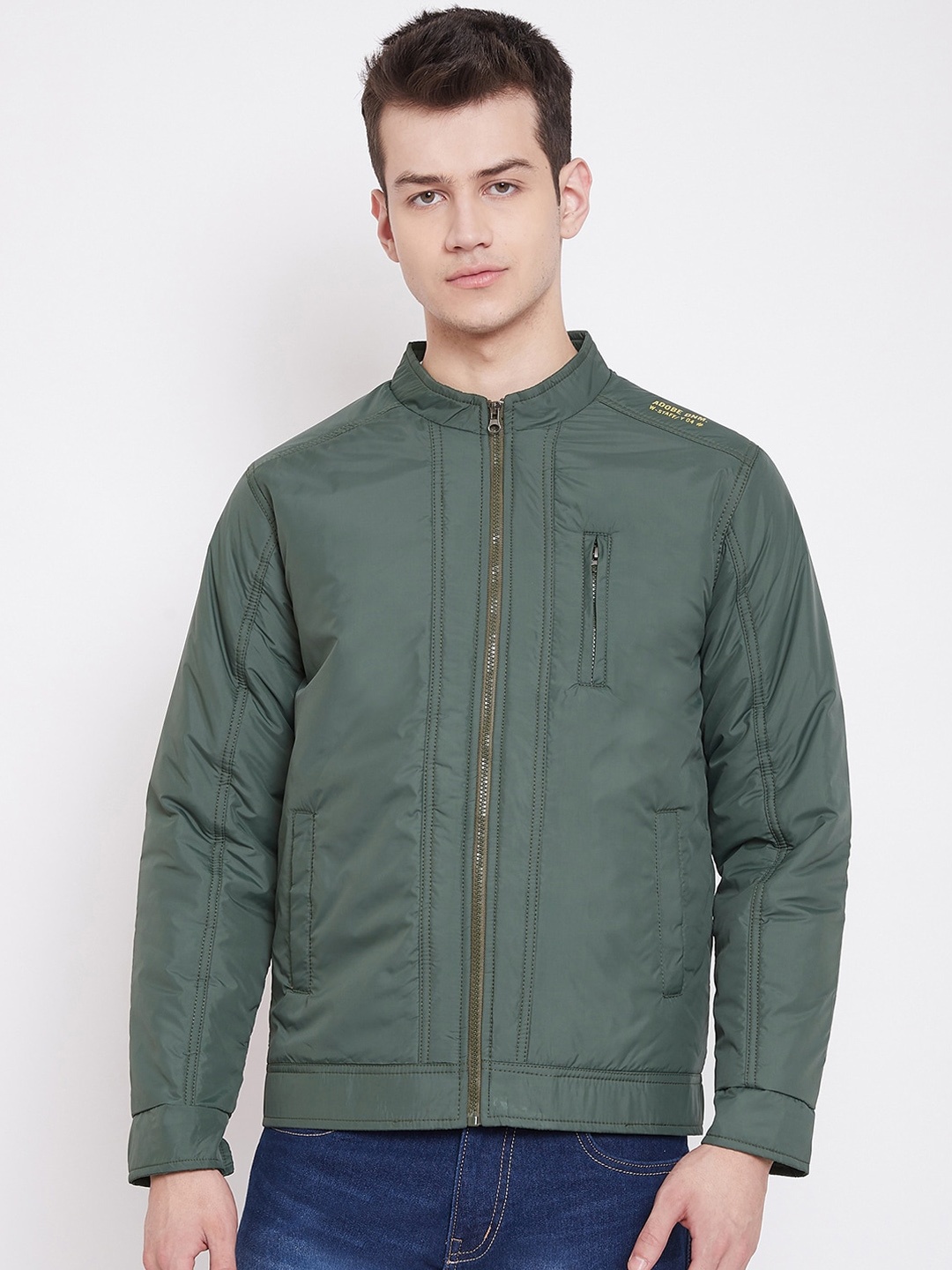 

Adobe Men Olive Green Solid Lightweight Padded Jacket