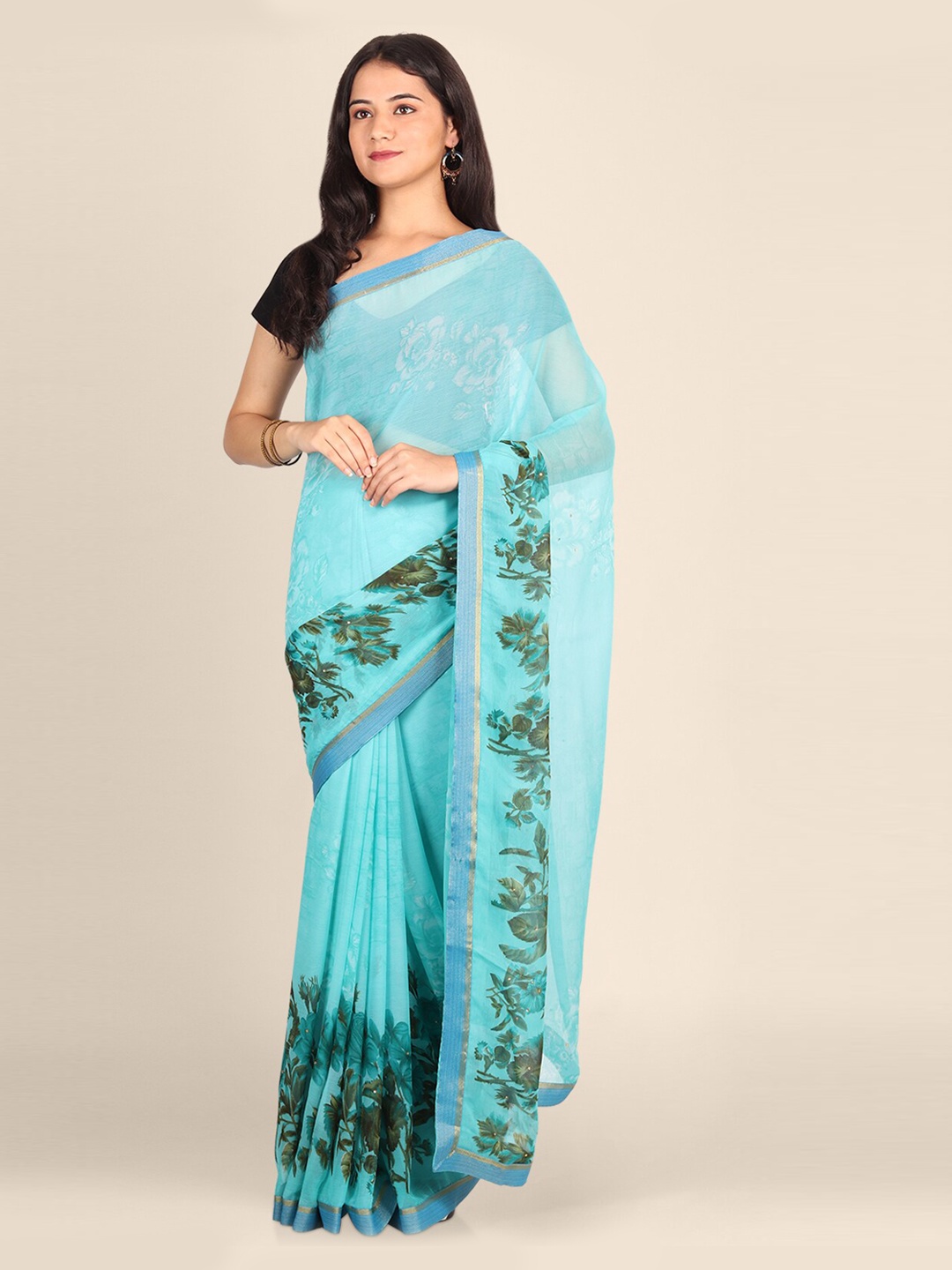 

CLAI WORLD Blue Printed Handloom Poly Georgette Saree