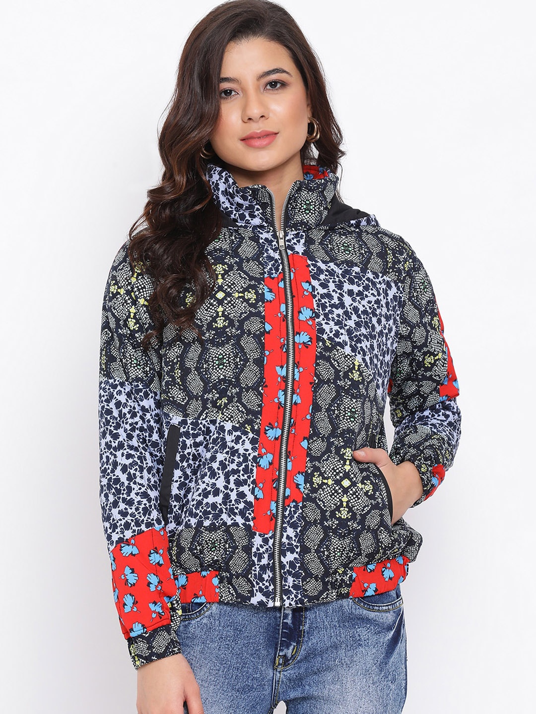 

Oxolloxo Women Navy Blue Printed Tailored Jacket