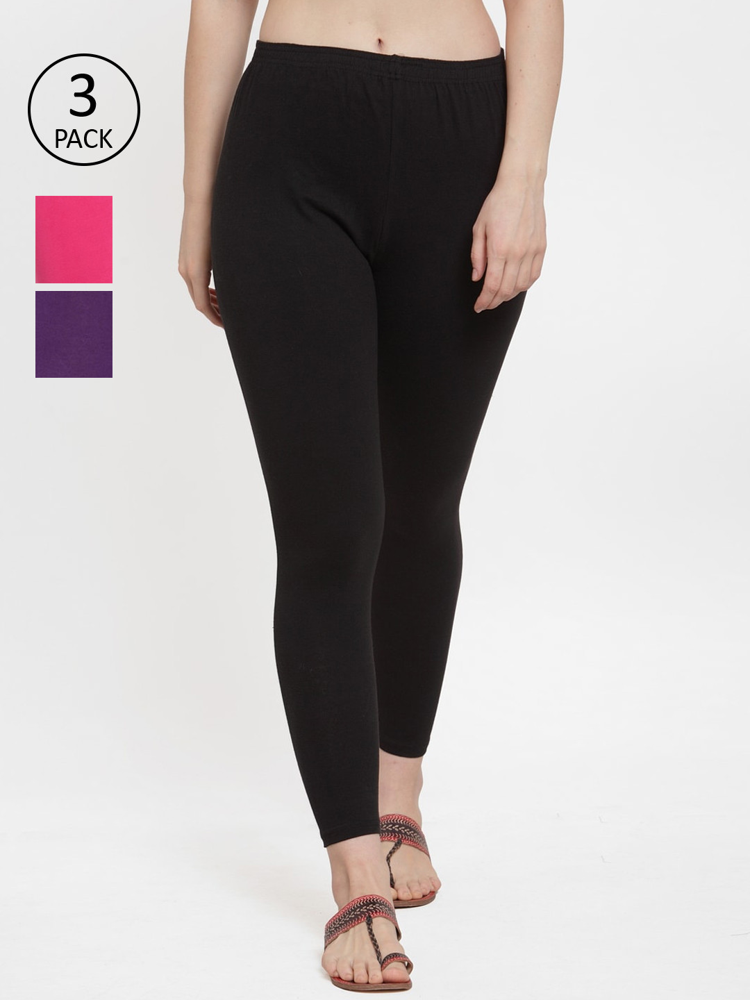 

GRACIT Women Pack of 3 Multicoloured Solid Ankle-Length Leggings, Black