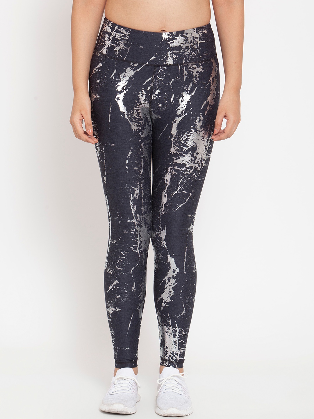 

Boston Club Women Navy Blue & Silver-Coloured Printed Training Tights