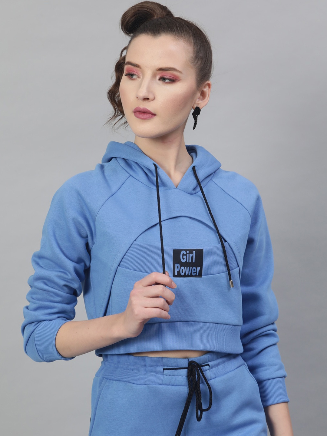 

STREET 9 Women Blue Printed Hooded Crop Sweatshirt