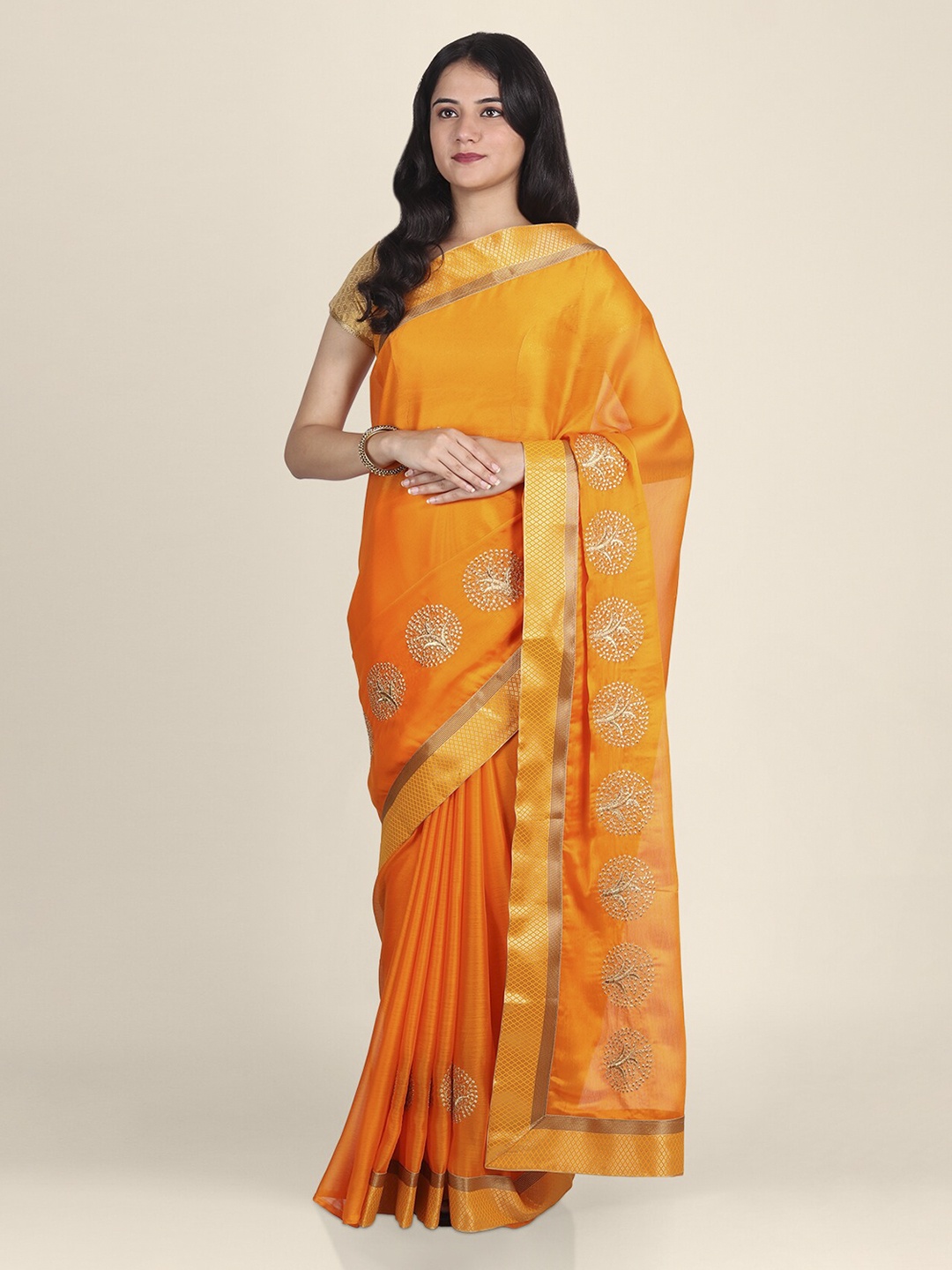 

CLAI WORLD Orange & Gold-Toned Silk Blend Embroidered Saree