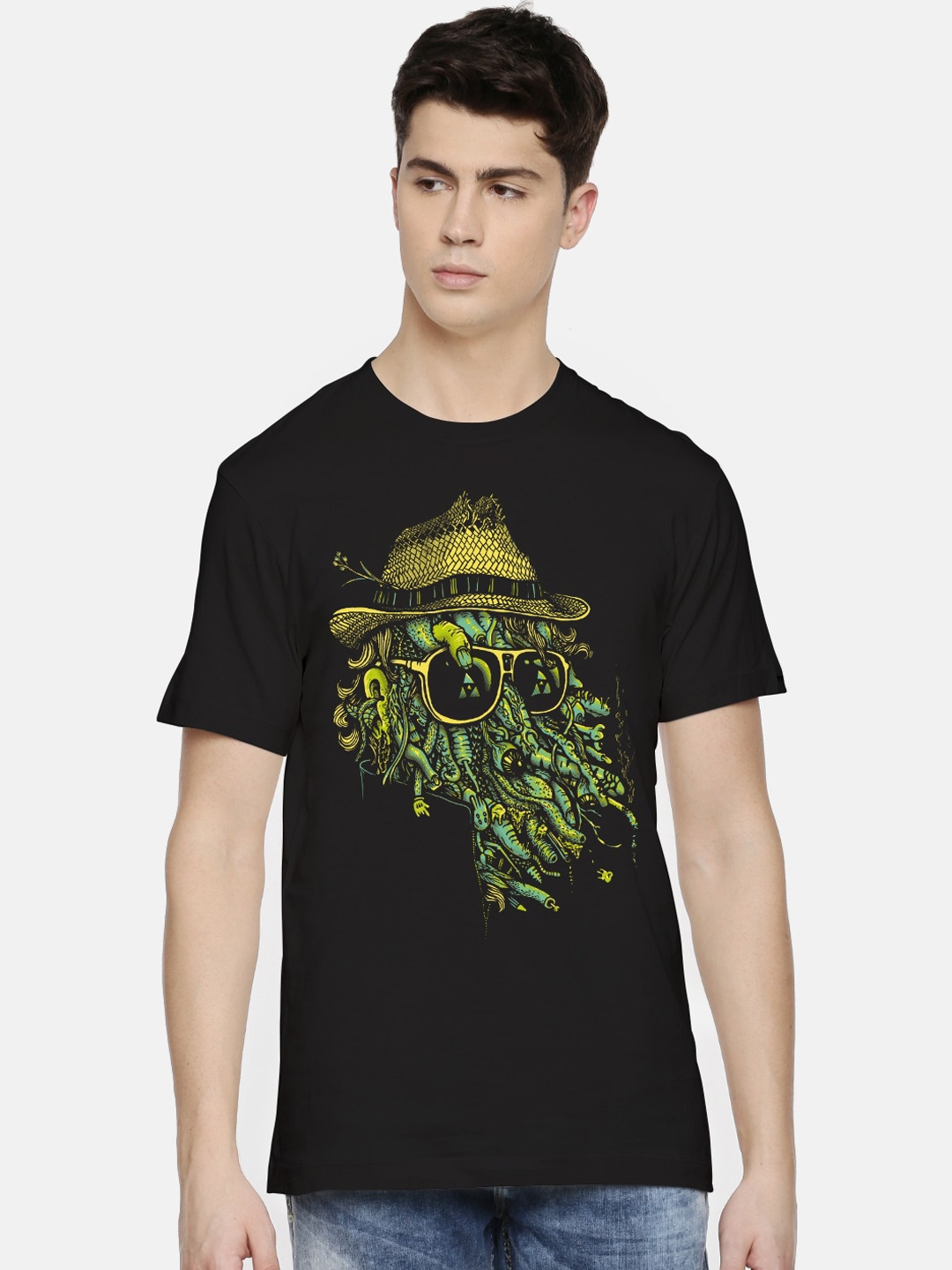 

THREADCURRY Men Black Printed Round Neck T-shirt