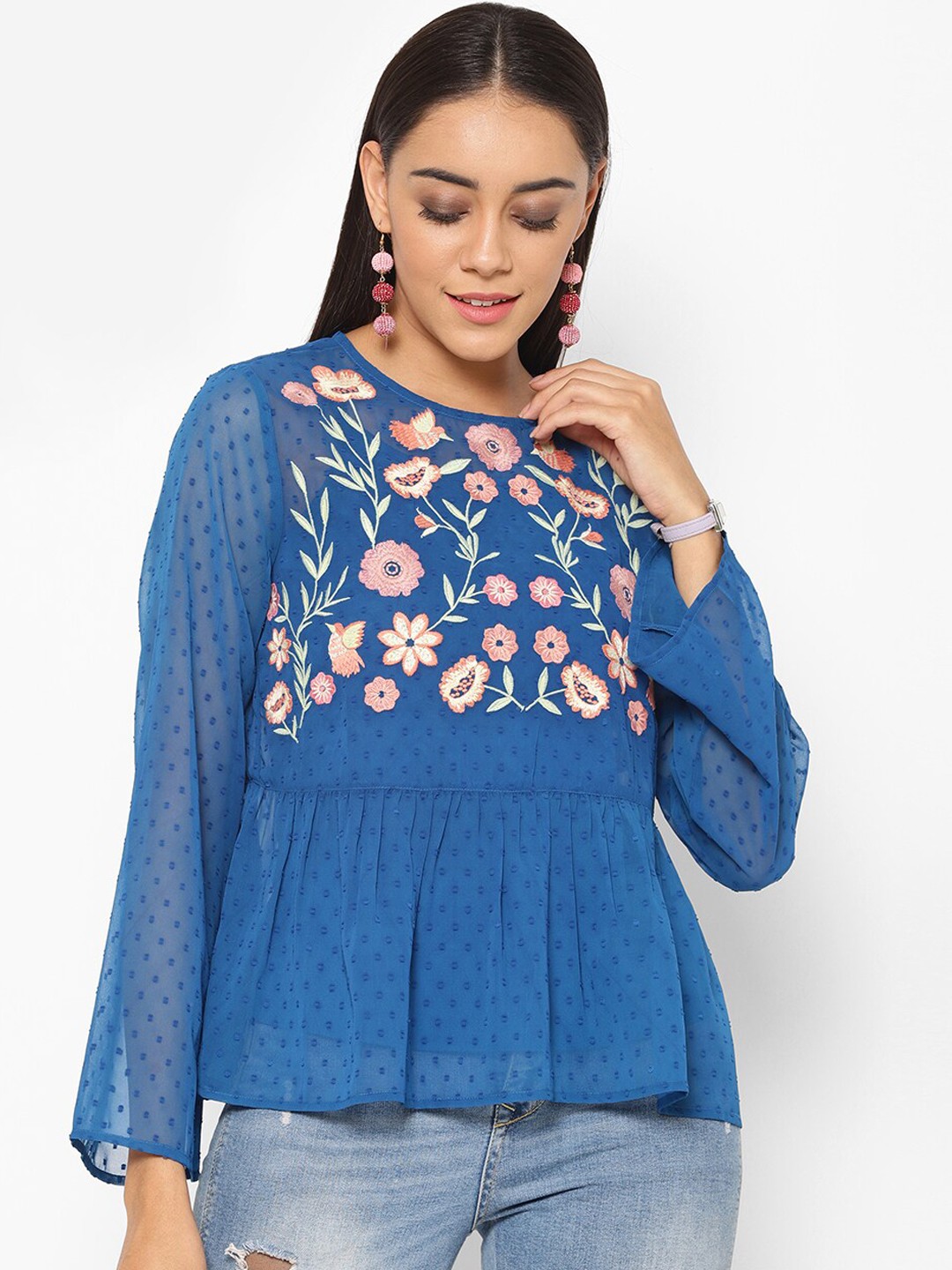 

HOUSE OF KKARMA Women Blue Solid A-Line Top