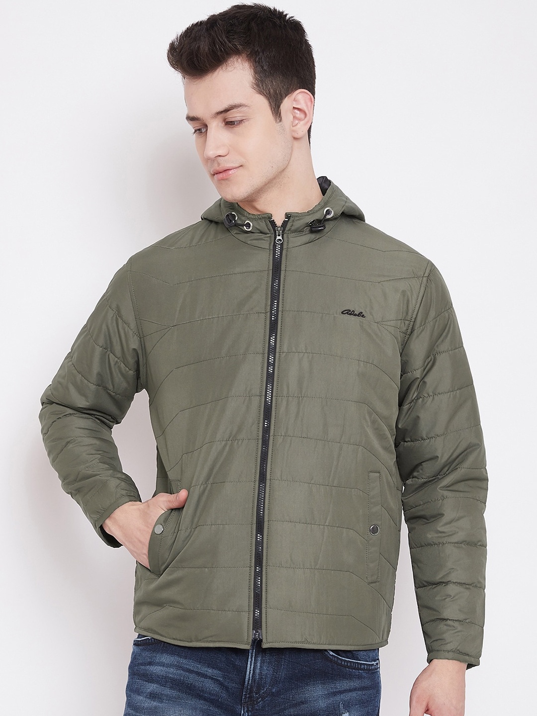 

Adobe Men Olive Green Solid Lightweight Padded Jacket