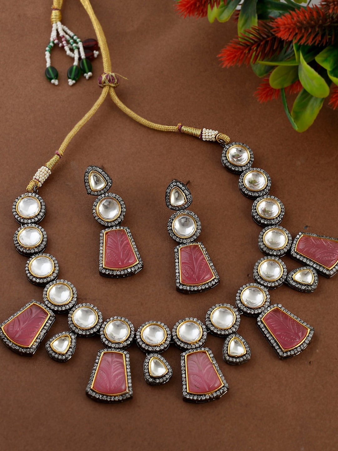 

Silvermerc Designs Women Gold-Plated & Pink Kundan Oxidised Jewellery Set