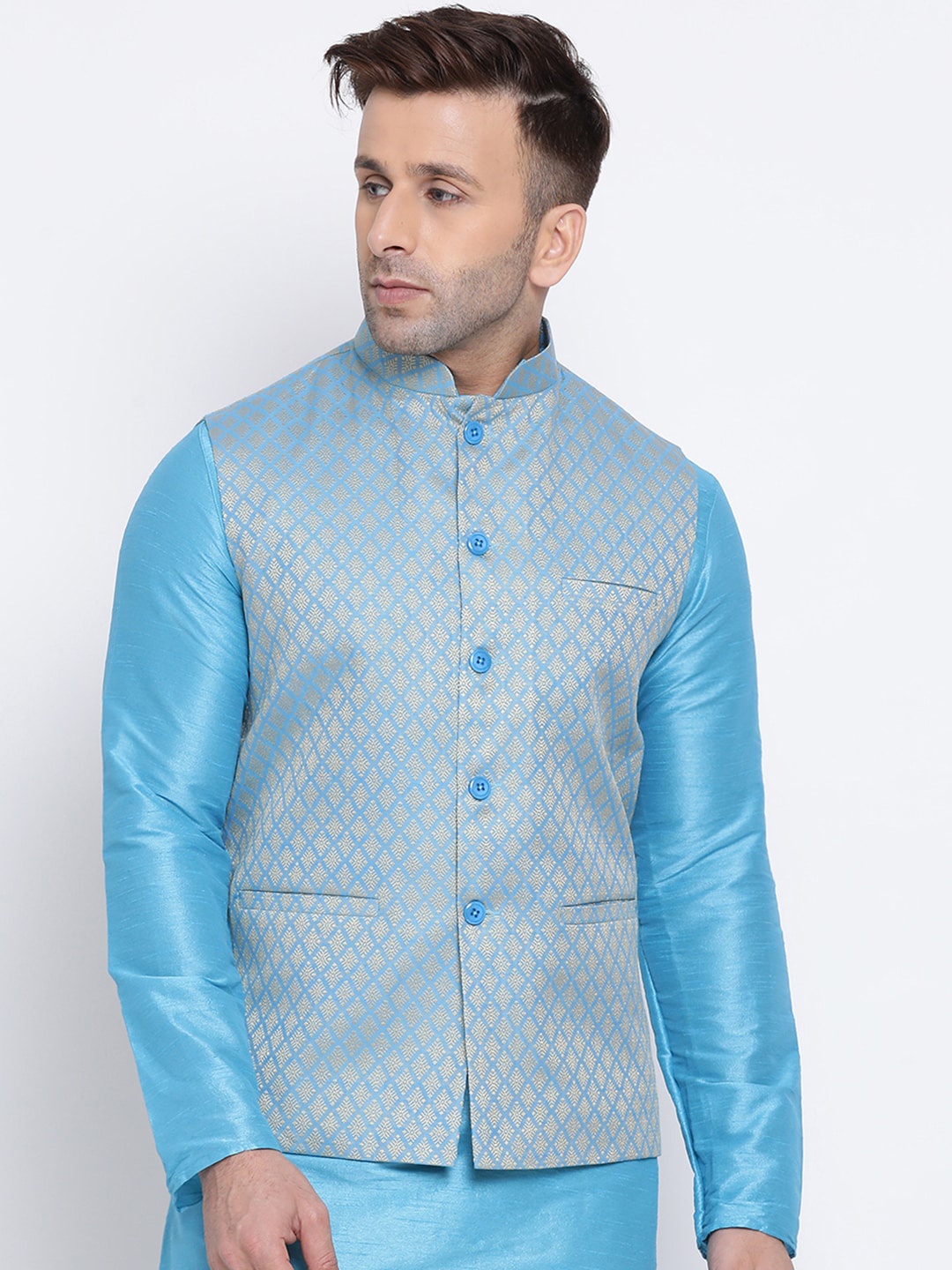 

NAMASKAR Men Blue Woven Design Nehru Jackets