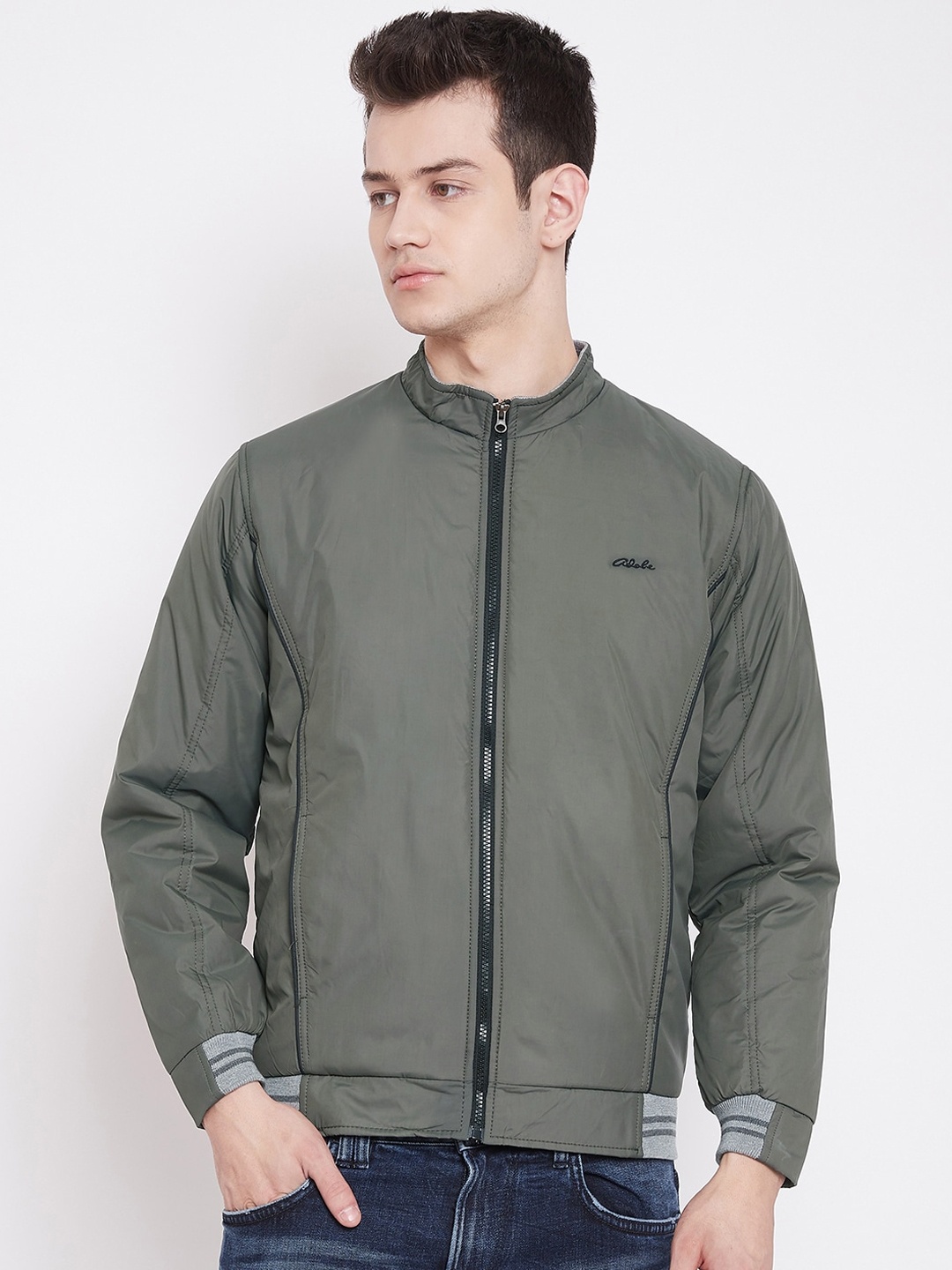 

Adobe Men Olive Green Solid Lightweight Padded Jacket