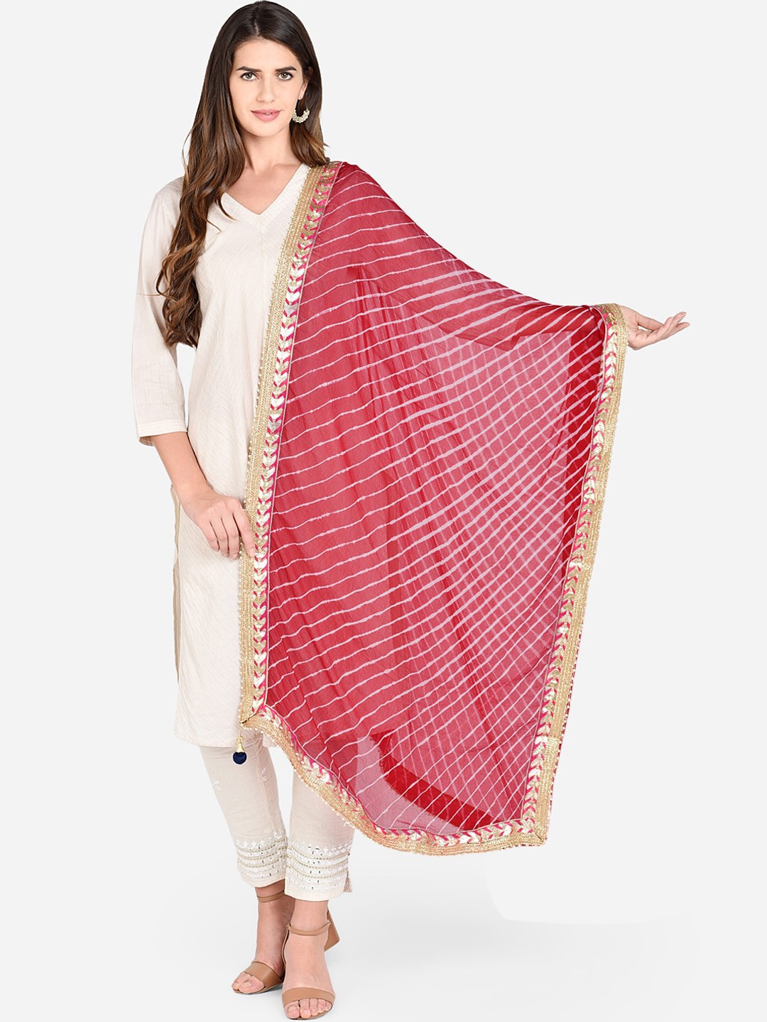 

Dupatta Bazaar Women Red & Off-White Striped Dupatta