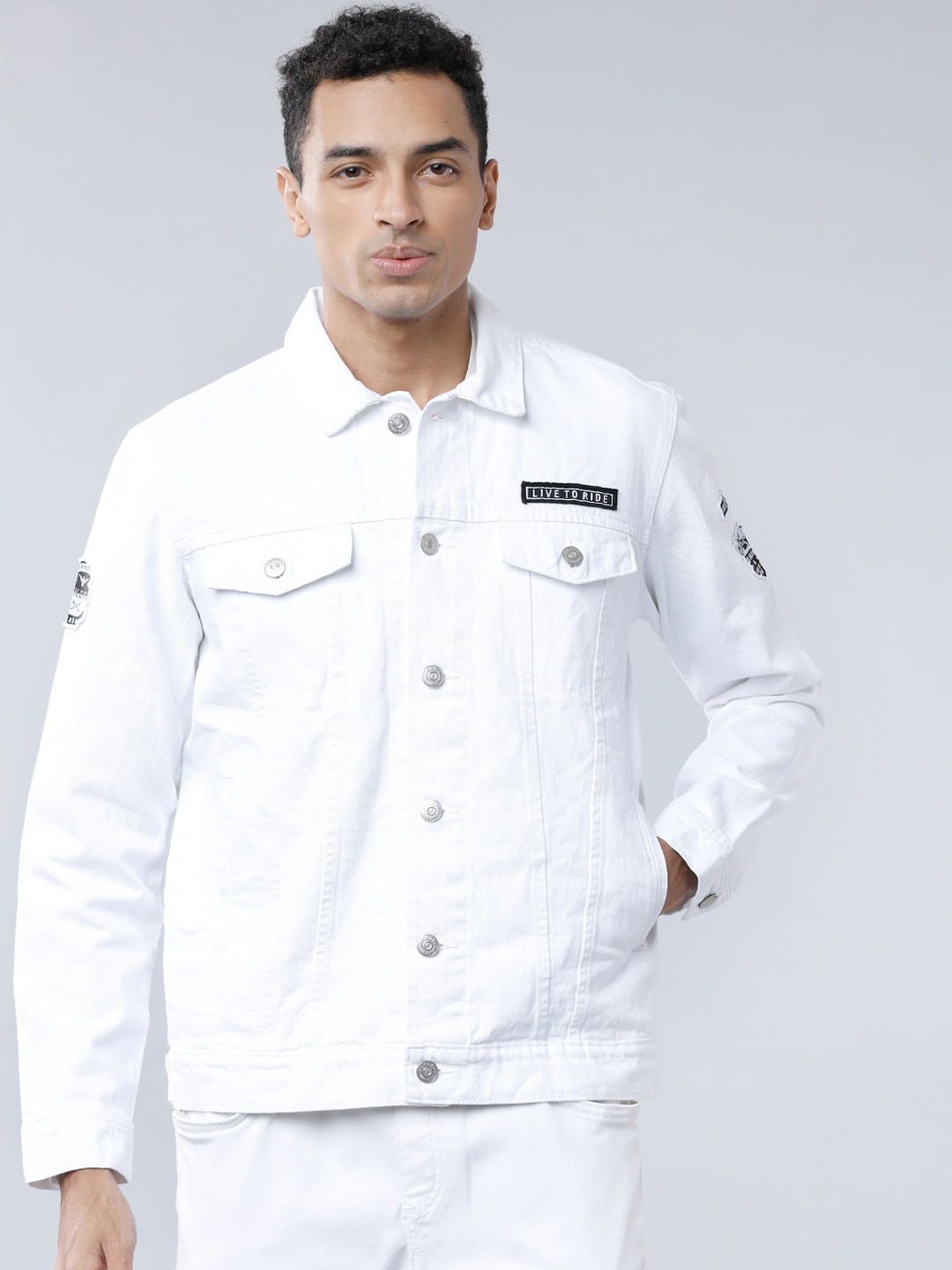

HIGHLANDER Men White Solid Denim Jacket