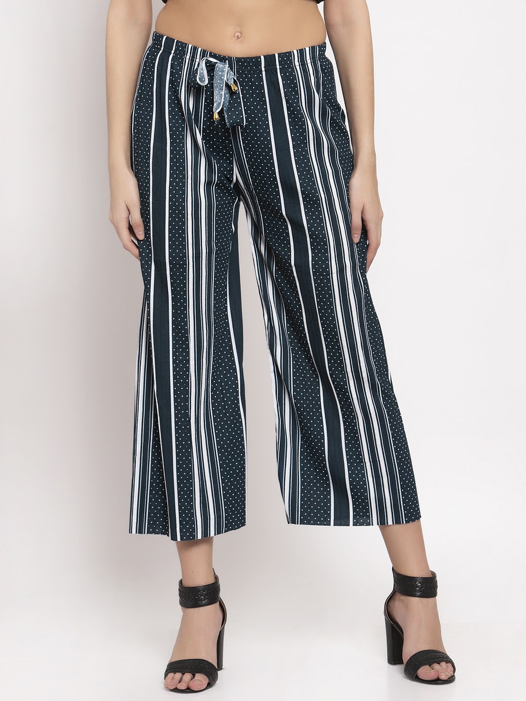 

KLOTTHE Women Green & White Striped Cropped Palazzos