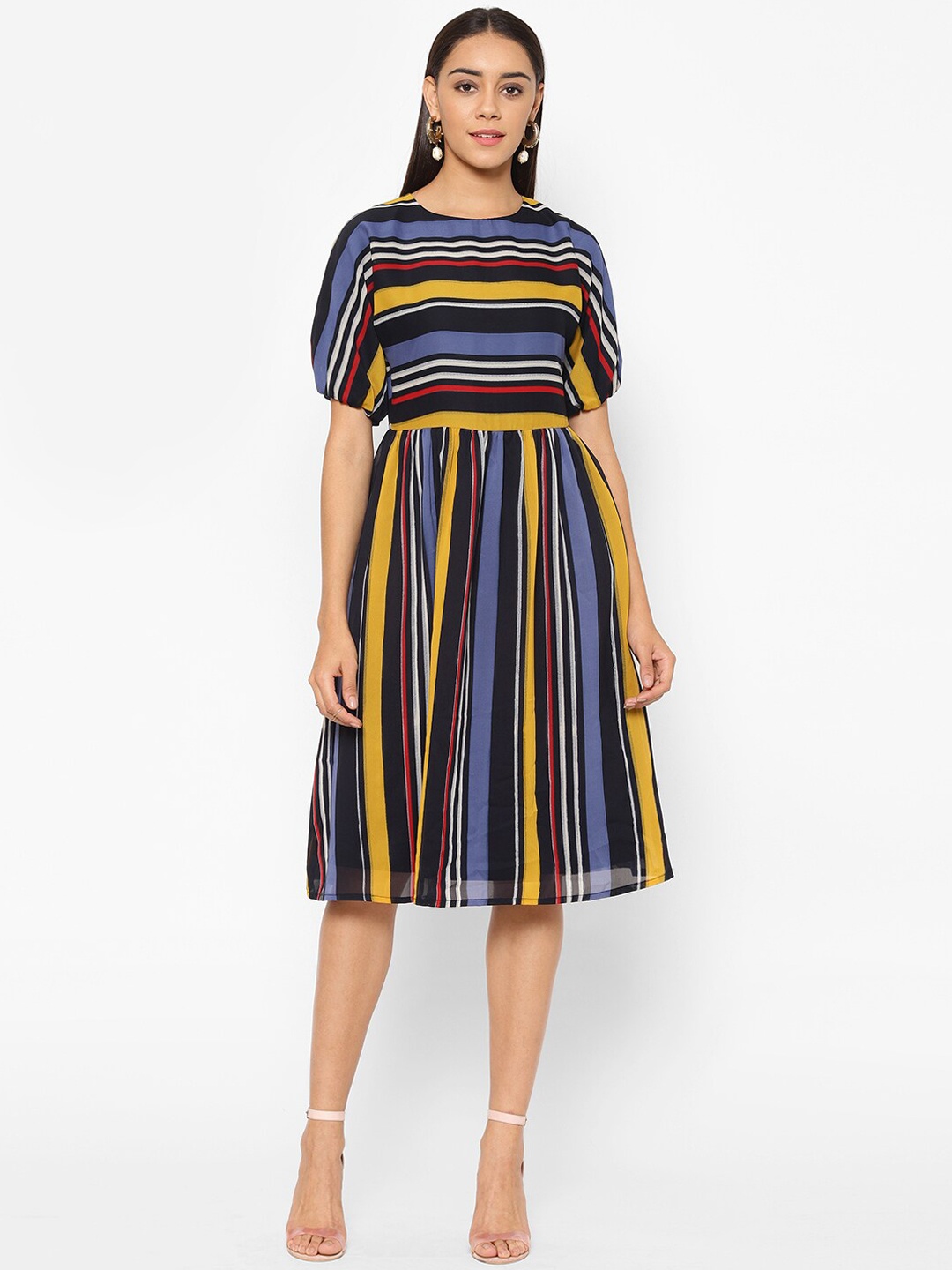 

HOUSE OF KKARMA Women Multicoloured Printed Striped Fit and Flare Dress, Multi