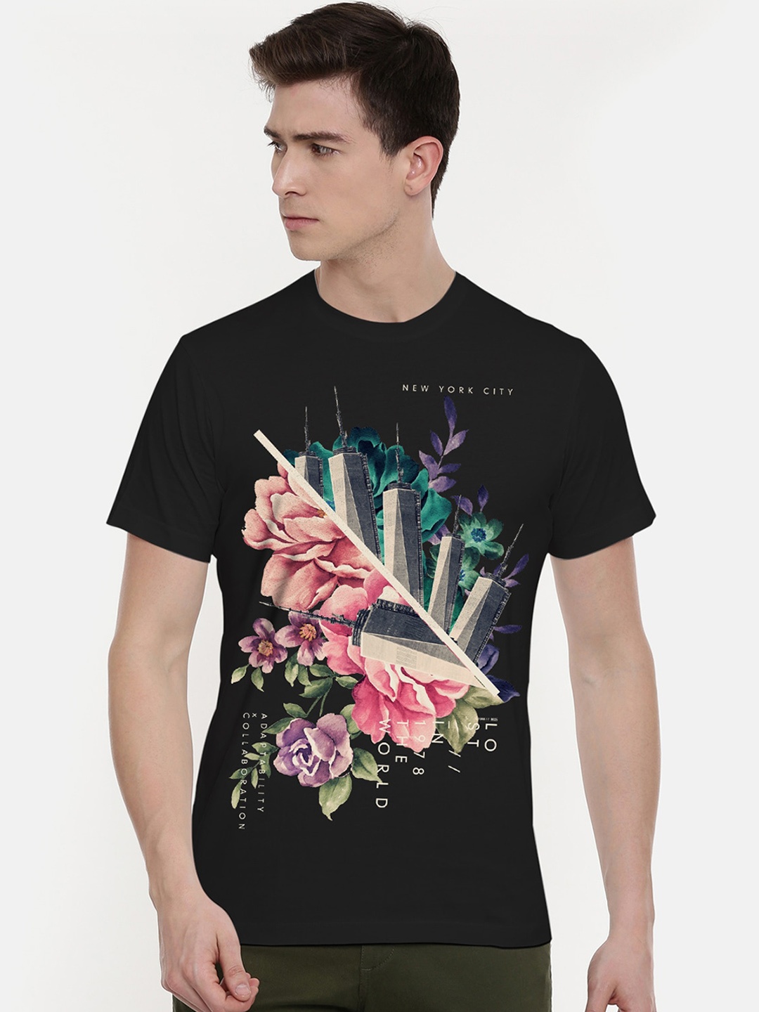 

THREADCURRY Men Black Floral Printed Round Neck T-shirt