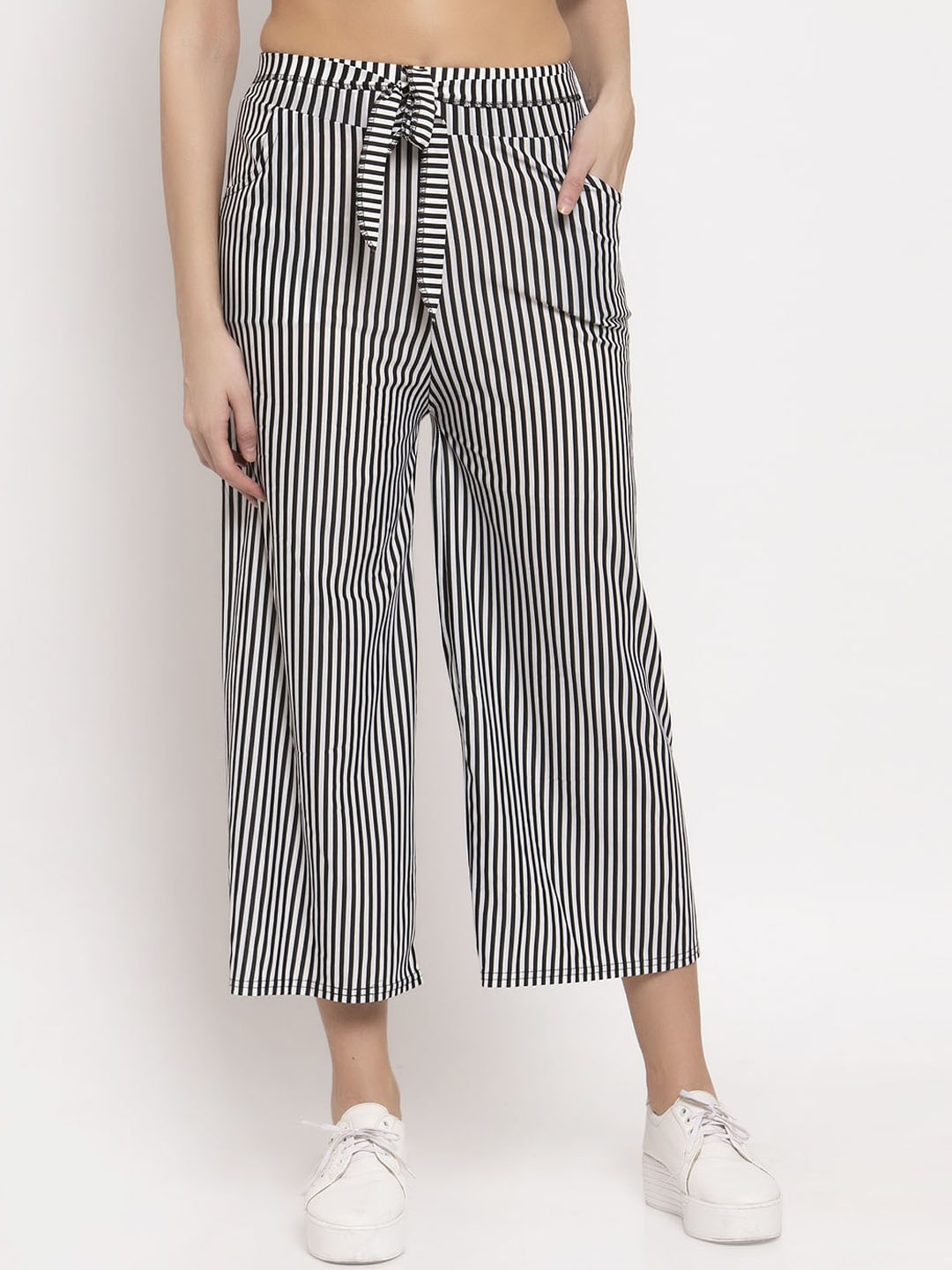 

KLOTTHE Women Black Striped Straight-Fit Palazzo