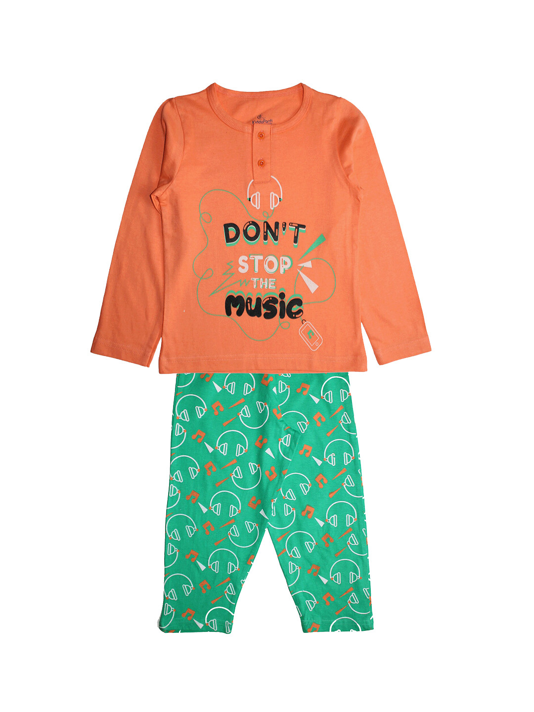 

KiddoPanti Girls Peach-Coloured & Green Printed Nightsuit