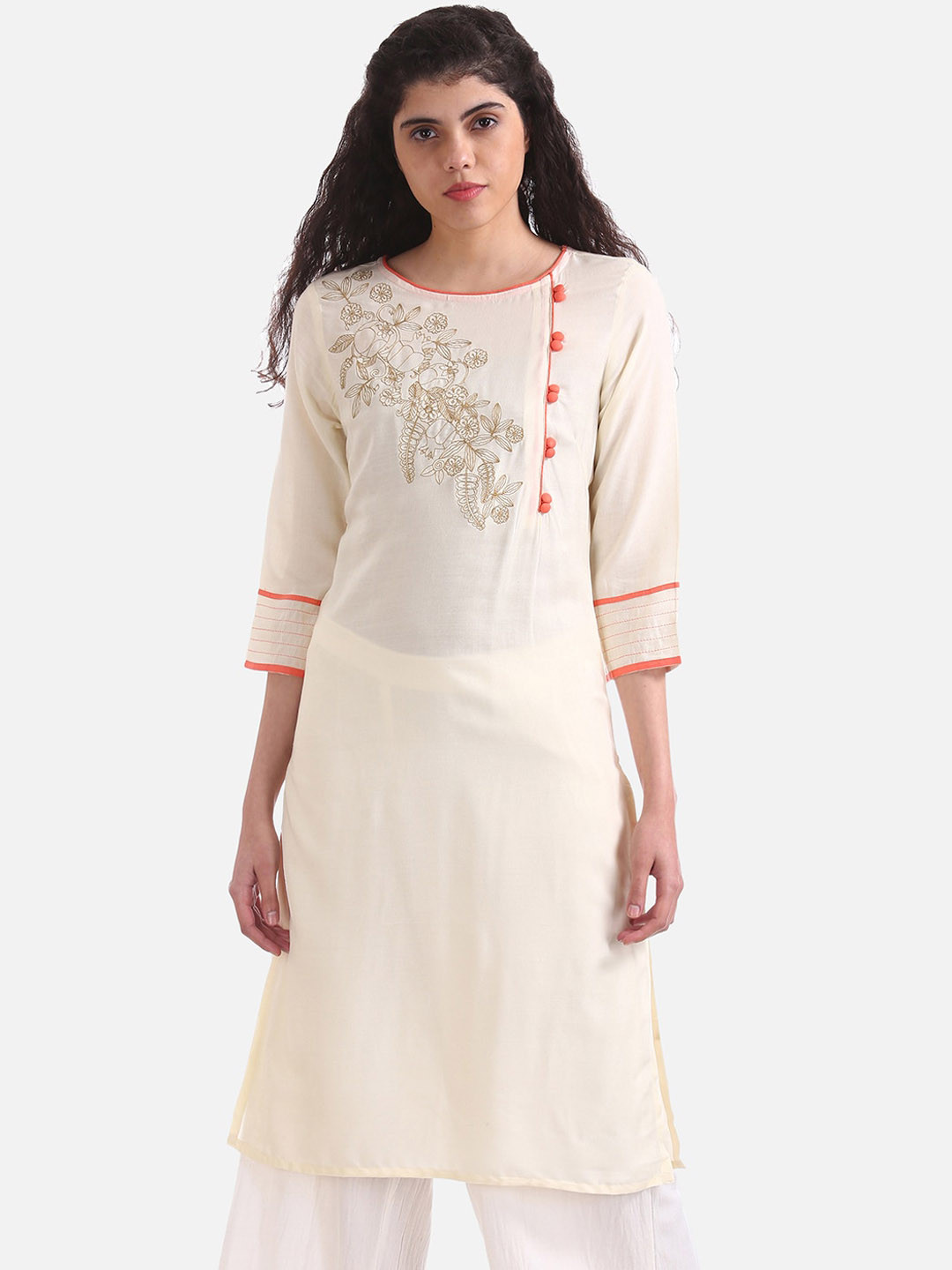 

Karigari Women Cream-Coloured & Gold-Toned Embroidered A-Line Kurta