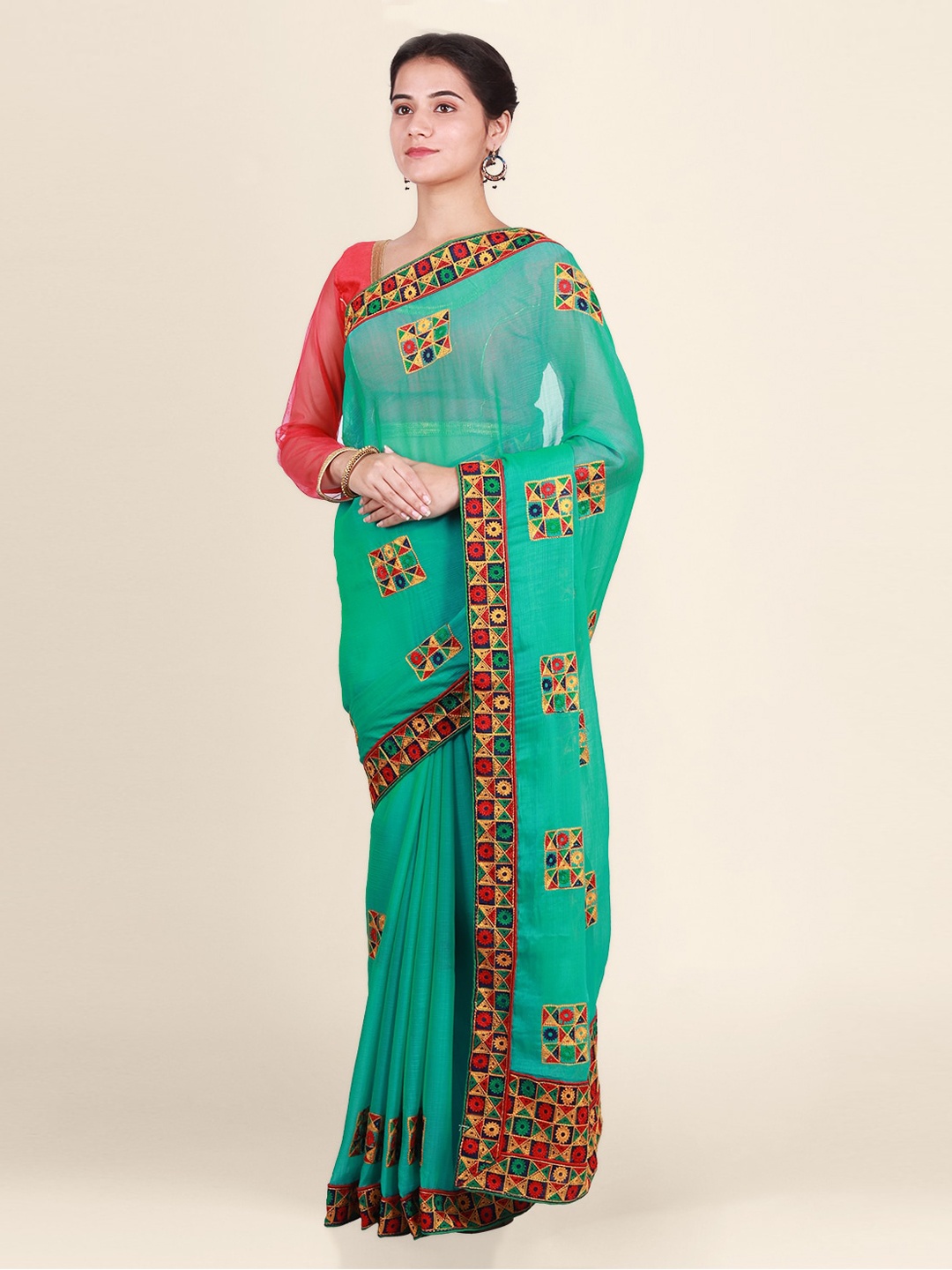 

CLAI WORLD Turquoise Blue Embroidered Handloom Poly Georgette Saree