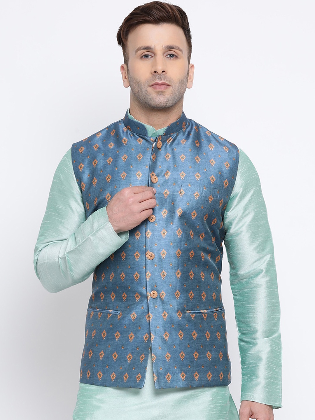 

NAMASKAR Men Blue & Orange Woven Design Nehru Jacket