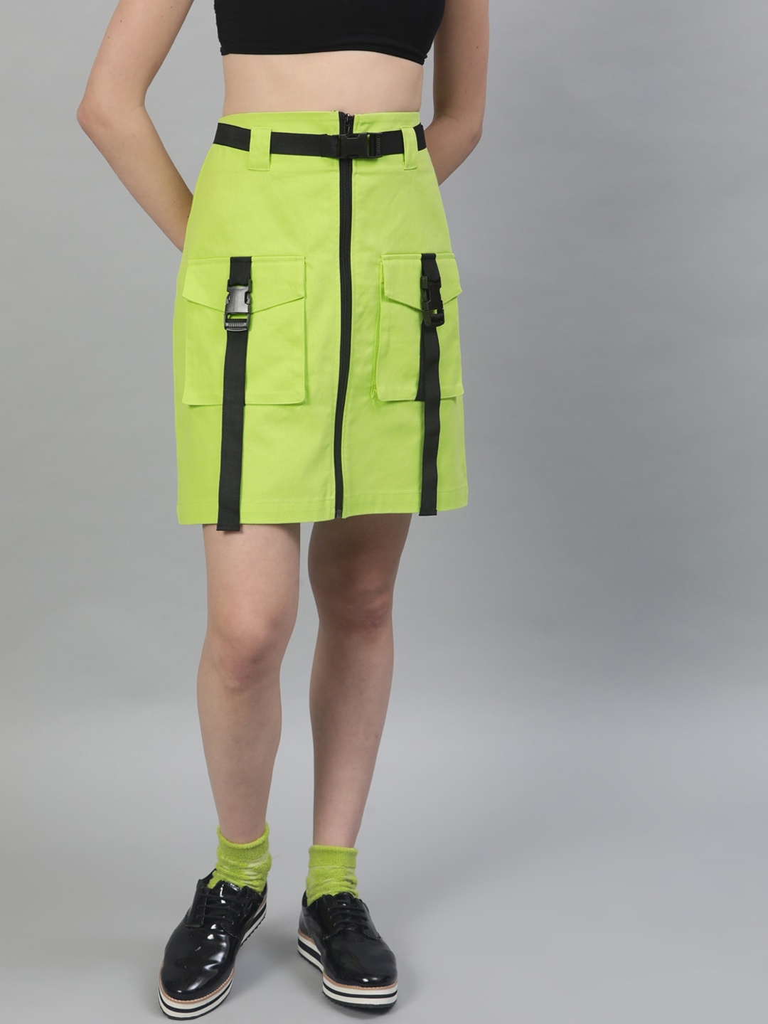 

STREET 9 Women Fluorescent Green Solid Straight Pure Cotton Skirt