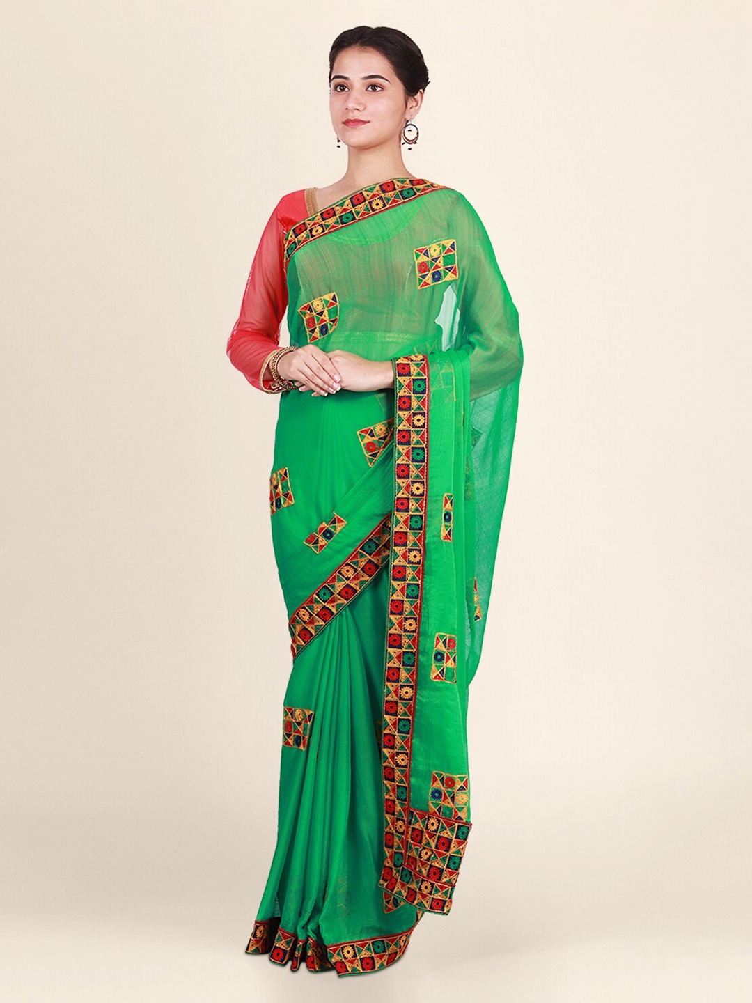 CLAI WORLD Green & Red Poly Georgette Embroidered Saree