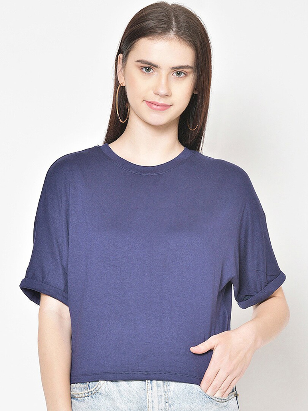 

Cation Women Navy Blue Solid Pure Cotton Top