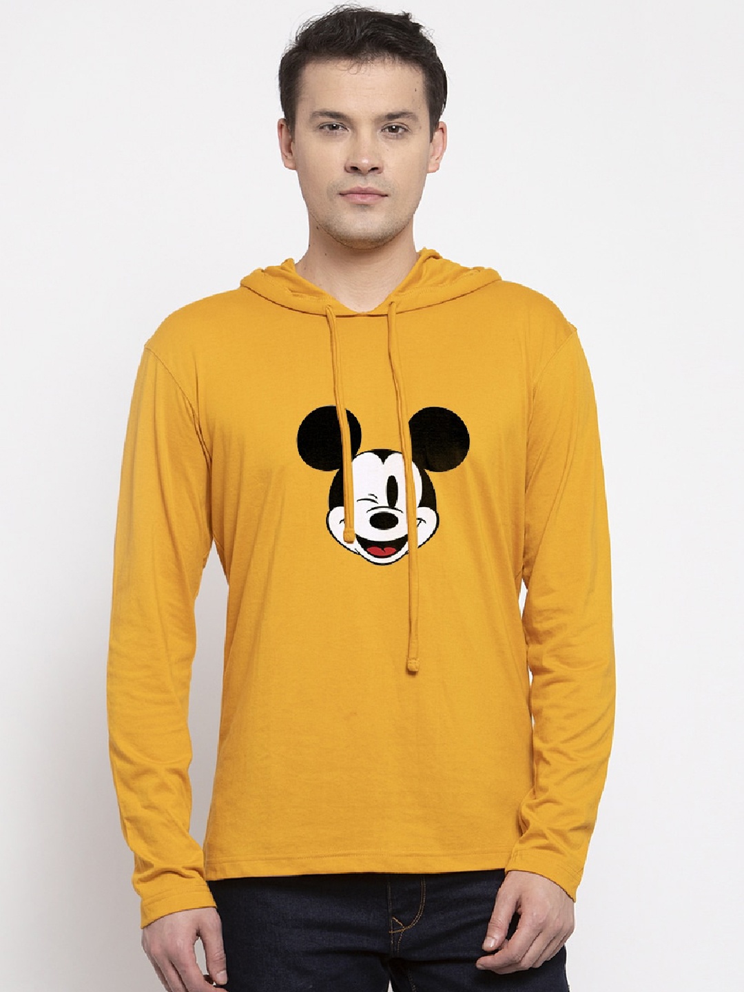 

Friskers Men Mustard Yellow Mickey Mouse Printed Hood T-shirt