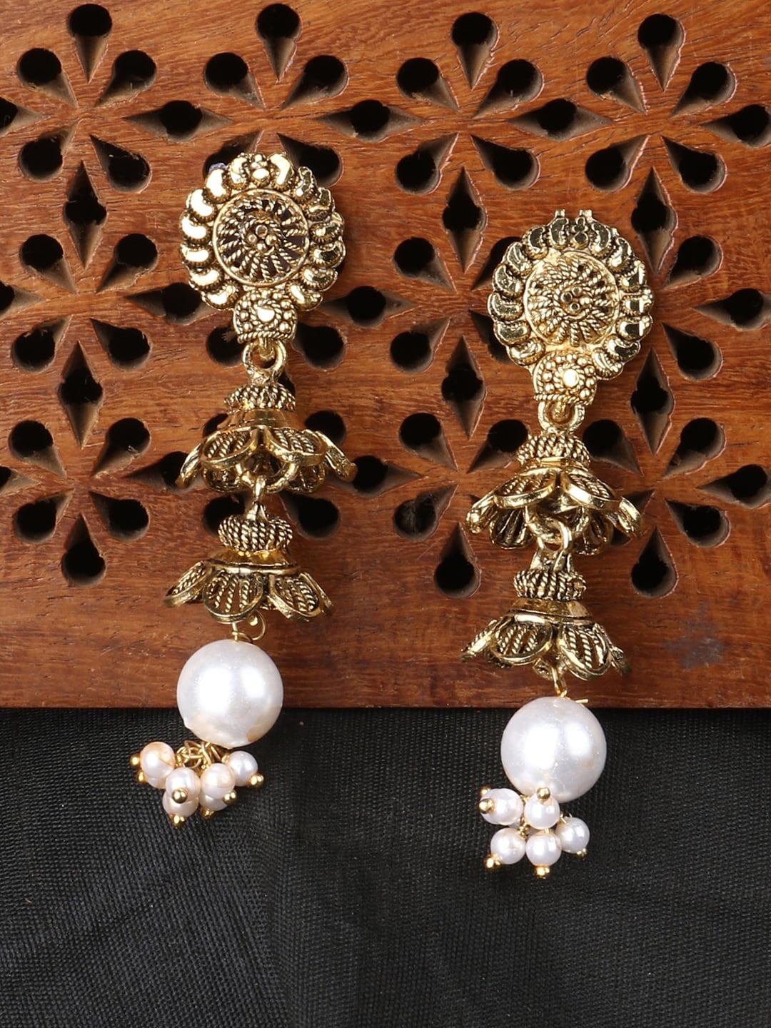 ANIKAS CREATION Gold-Plated & White Classic Jhumkas