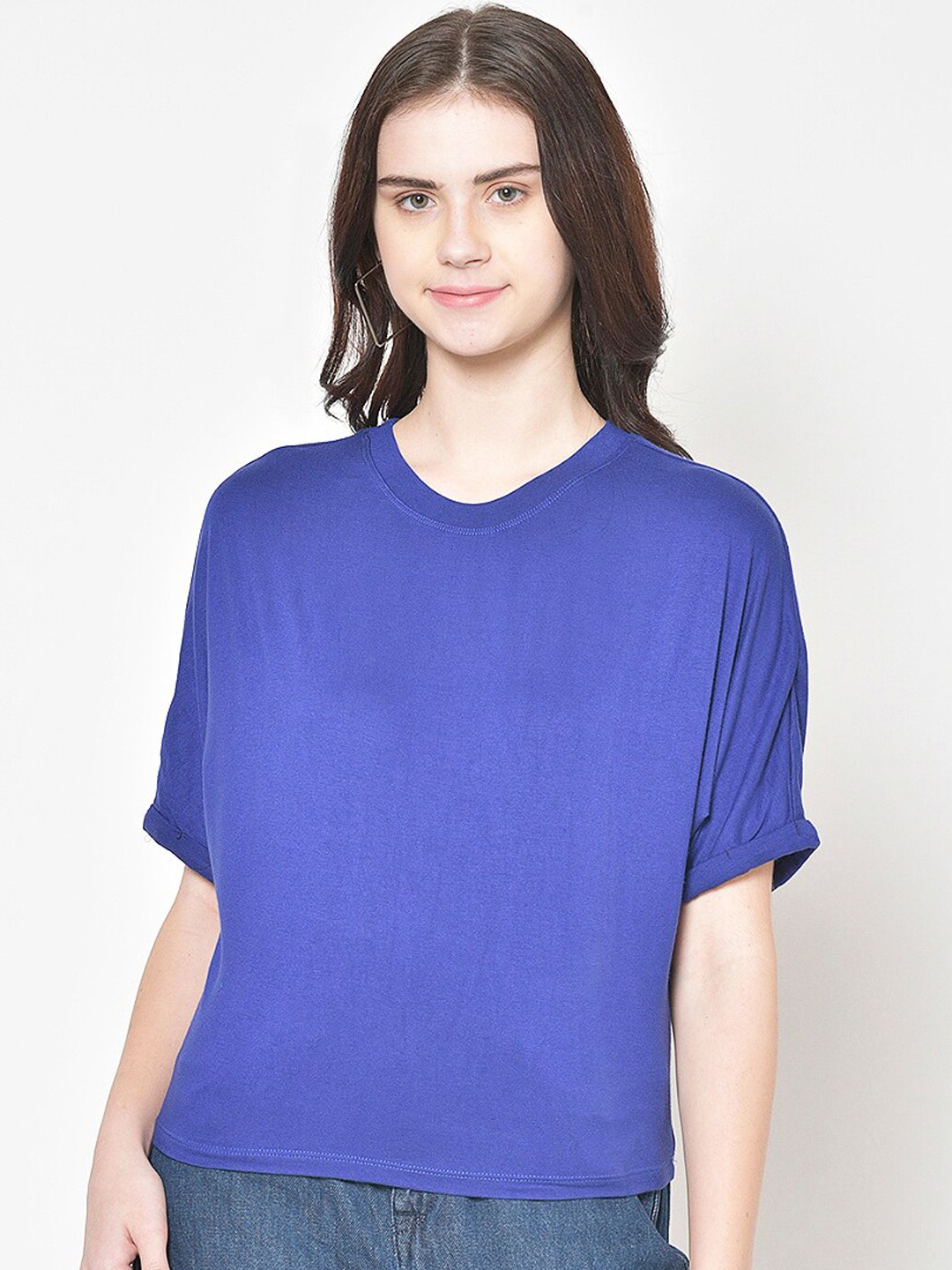 

Cation Women Blue Solid Pure Cotton Top