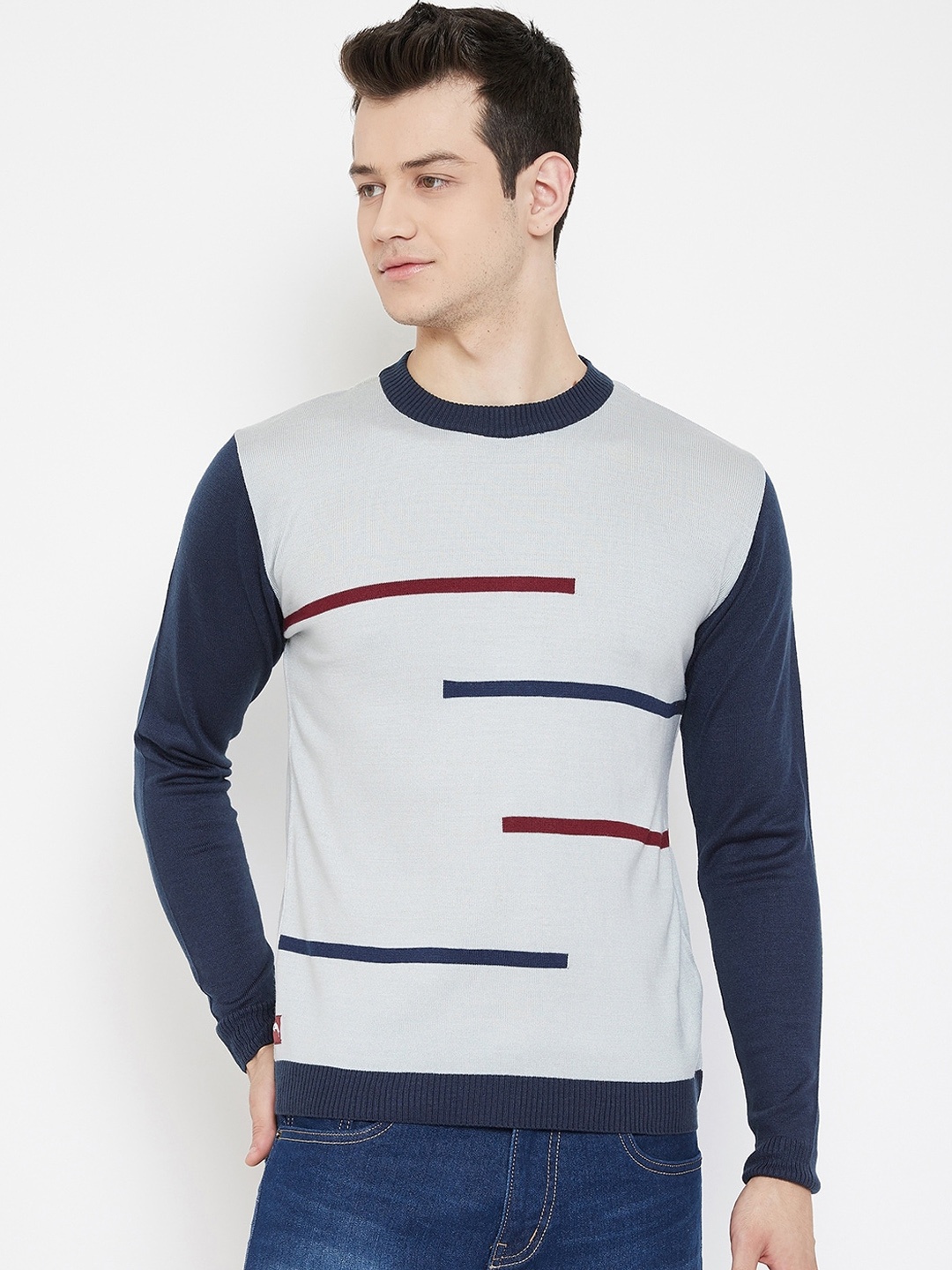 

JUMP USA Men Acrylic Grey Melange & Navy Blue Printed Pullover Sweater
