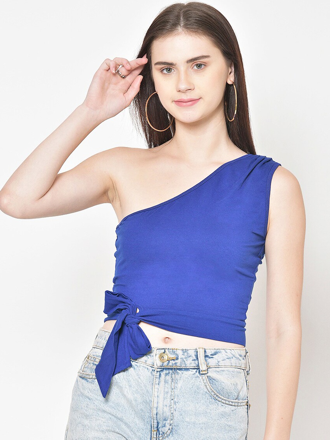 

Cation Women Blue Solid Fitted Pure Cotton Top