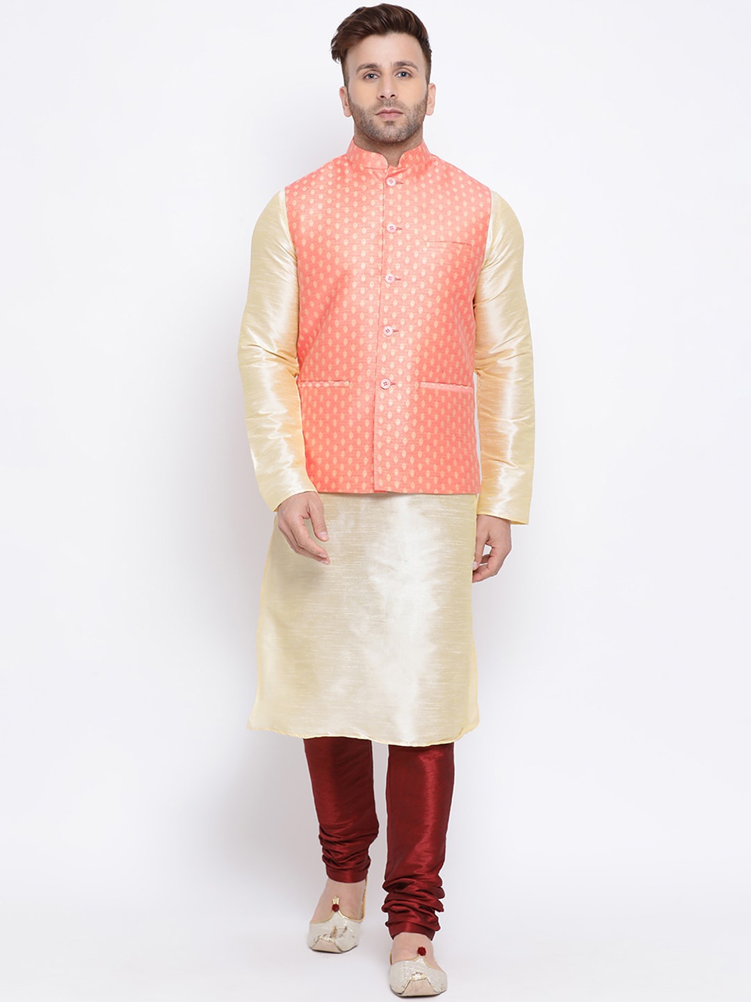 

NAMASKAR Men Beige & Peach-Coloured Self Design Kurta with Churidar
