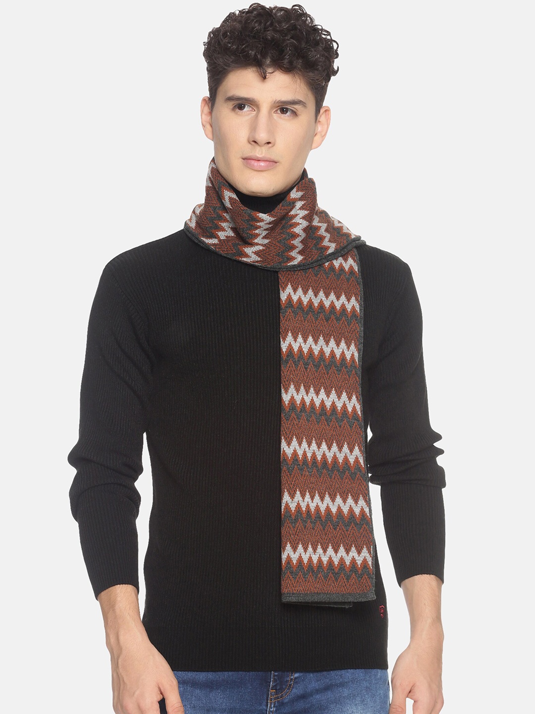 

513 Men Beige & Red Woven Design Mufflers, Brown