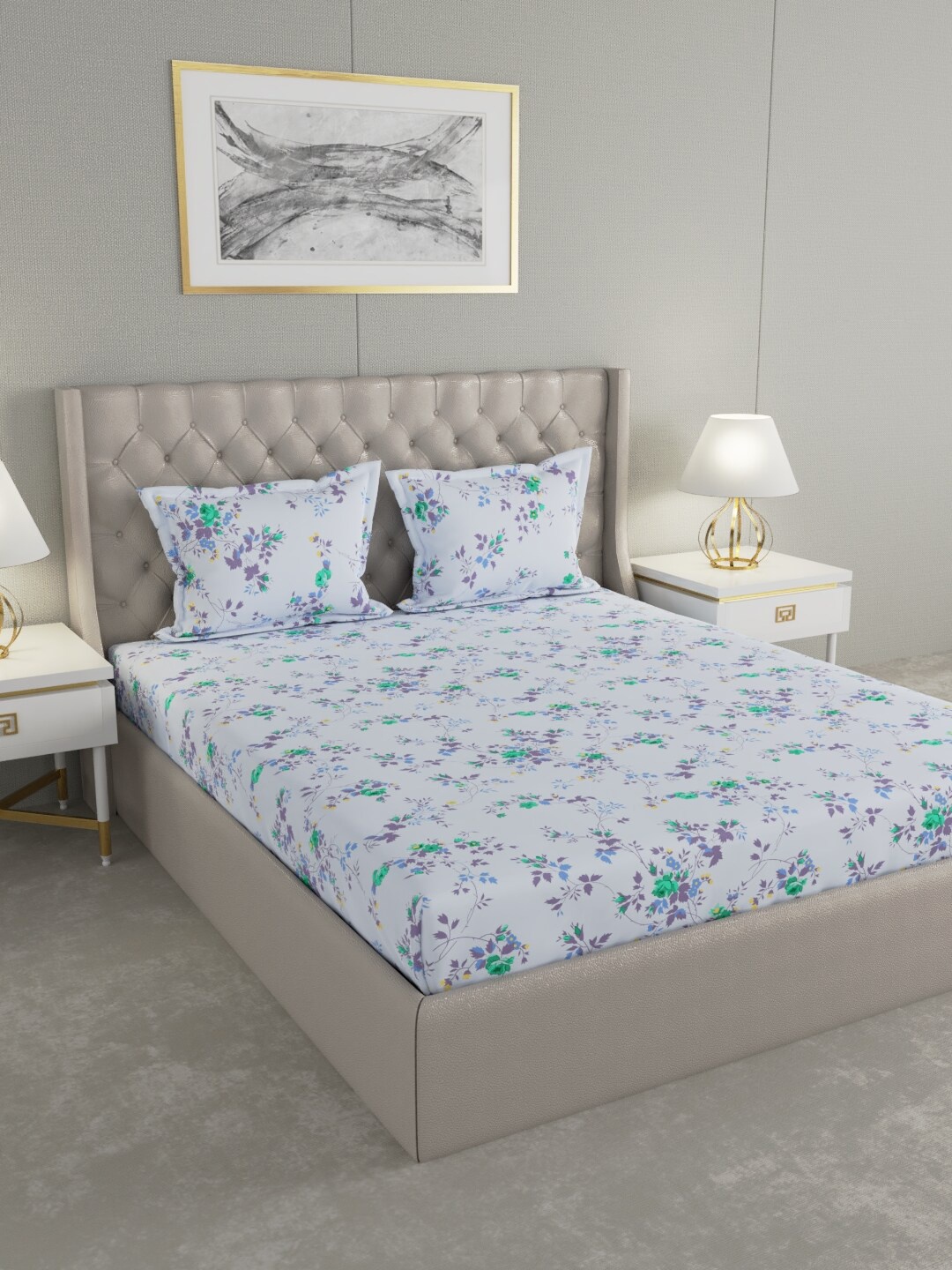 

Raymond Home White & Lavender Floral-Print Bedsheet With 2 Pillow Covers