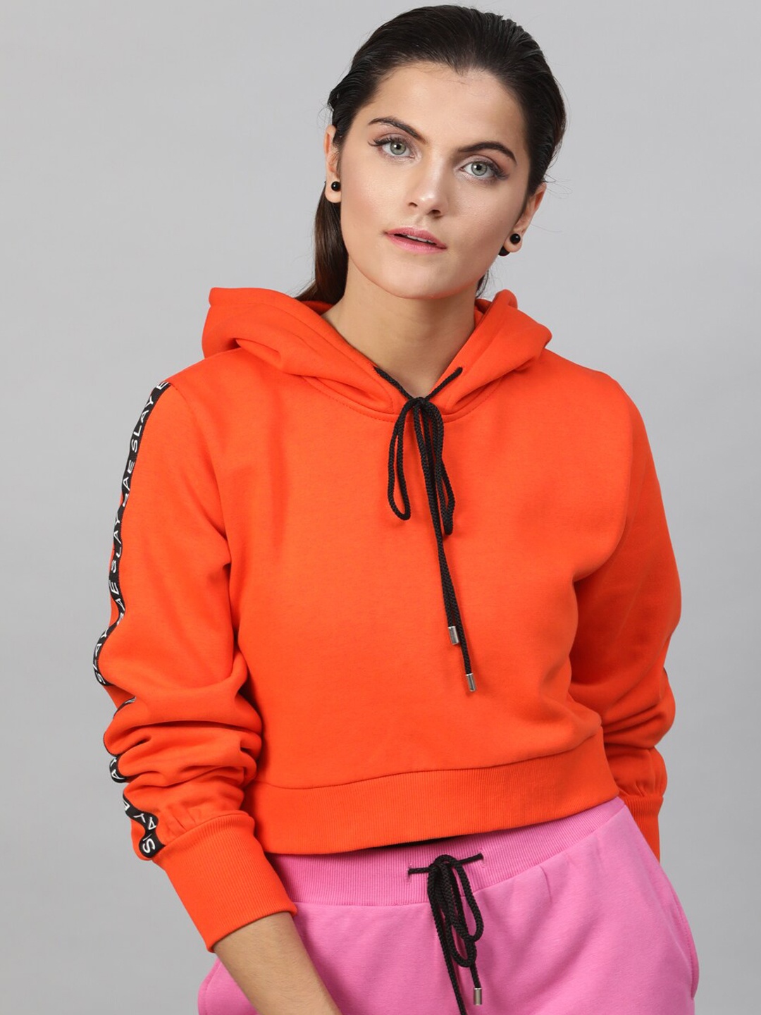 STREET 9 Women Orange & Black Solid Hooded Sweatshirt