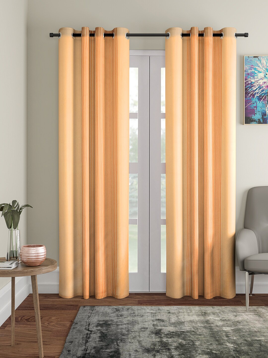 

ROMEE Set Of 2 Peach-Coloured Striped Room Darkening Door Curtains