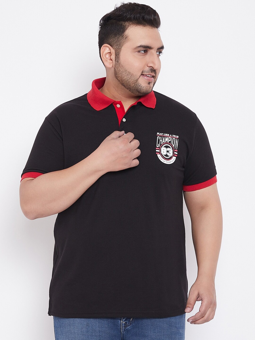

bigbanana Men Plus Size Black Printed Polo Collar Bio Finish Pure Cotton T-shirt