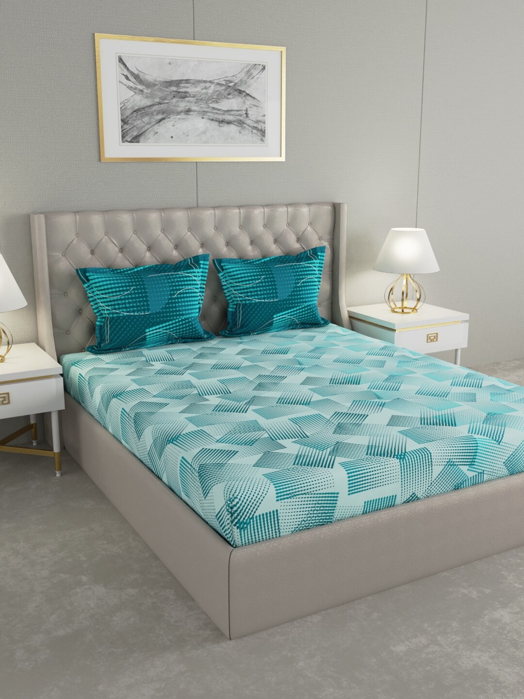 

Raymond Home Teal Blue & White Abstract 144 TC Double King Bedsheet with 2 Pillow Covers