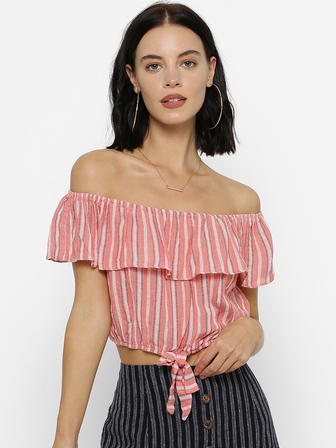 

FOREVER 21 Women Pink Striped Bardot Top