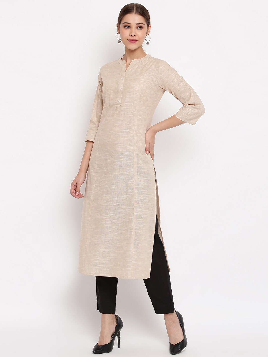 

Janasya Women Beige Solid Straight Kurta