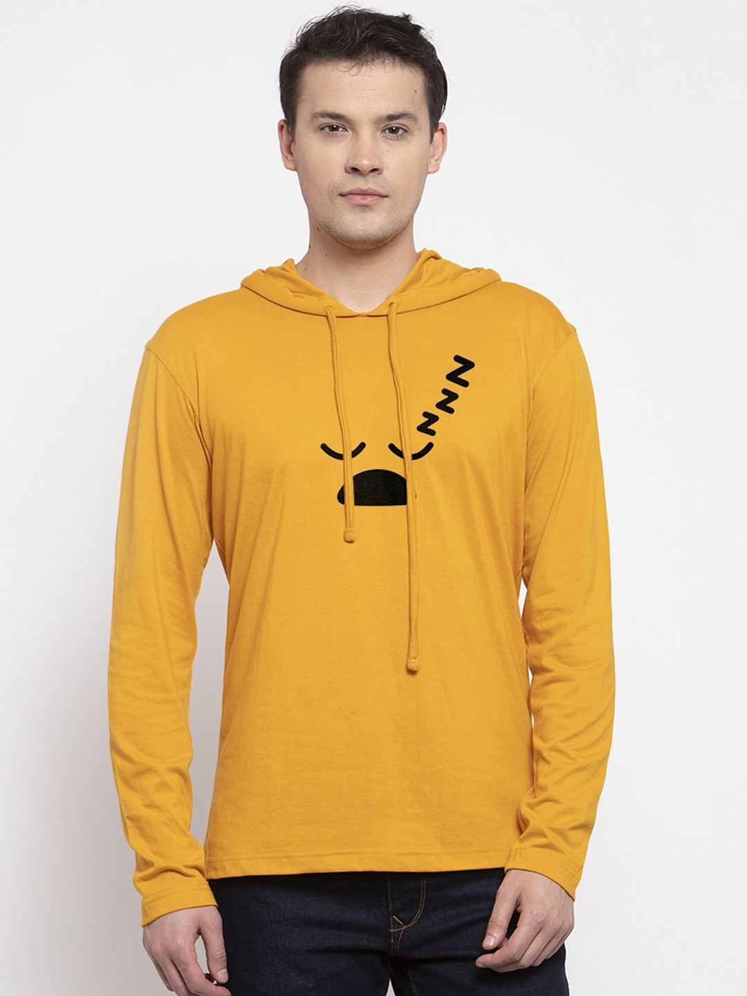 

Friskers Men Mustard Yellow Printed Hood T-shirt