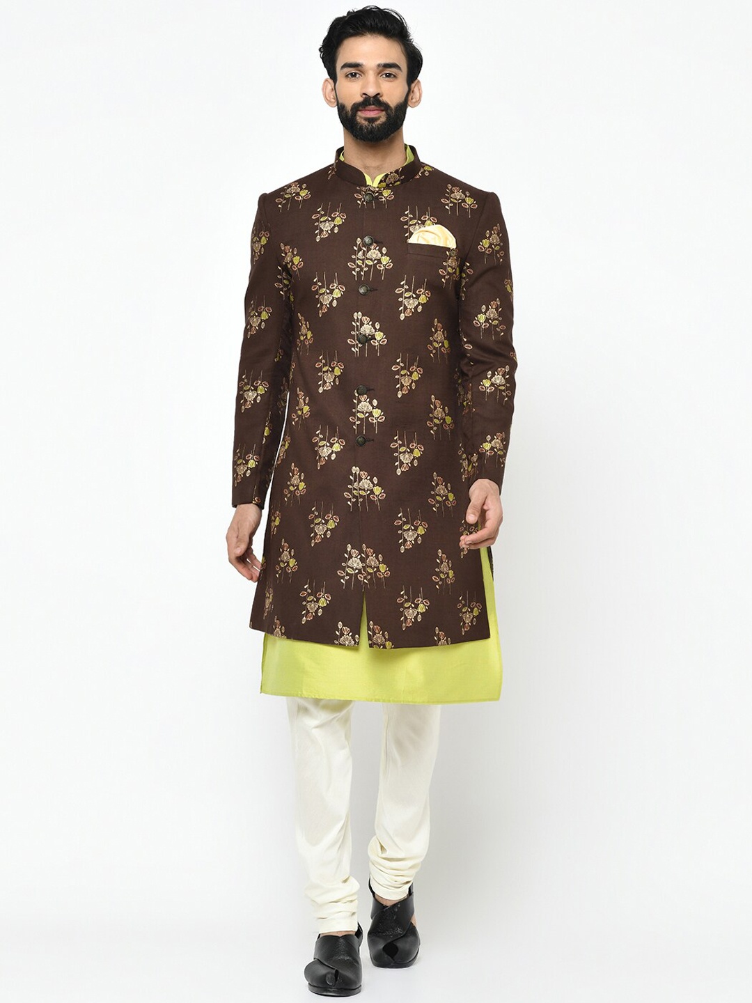 KISAH Men Printed Indowestern Sherwani With Achkan, Brown