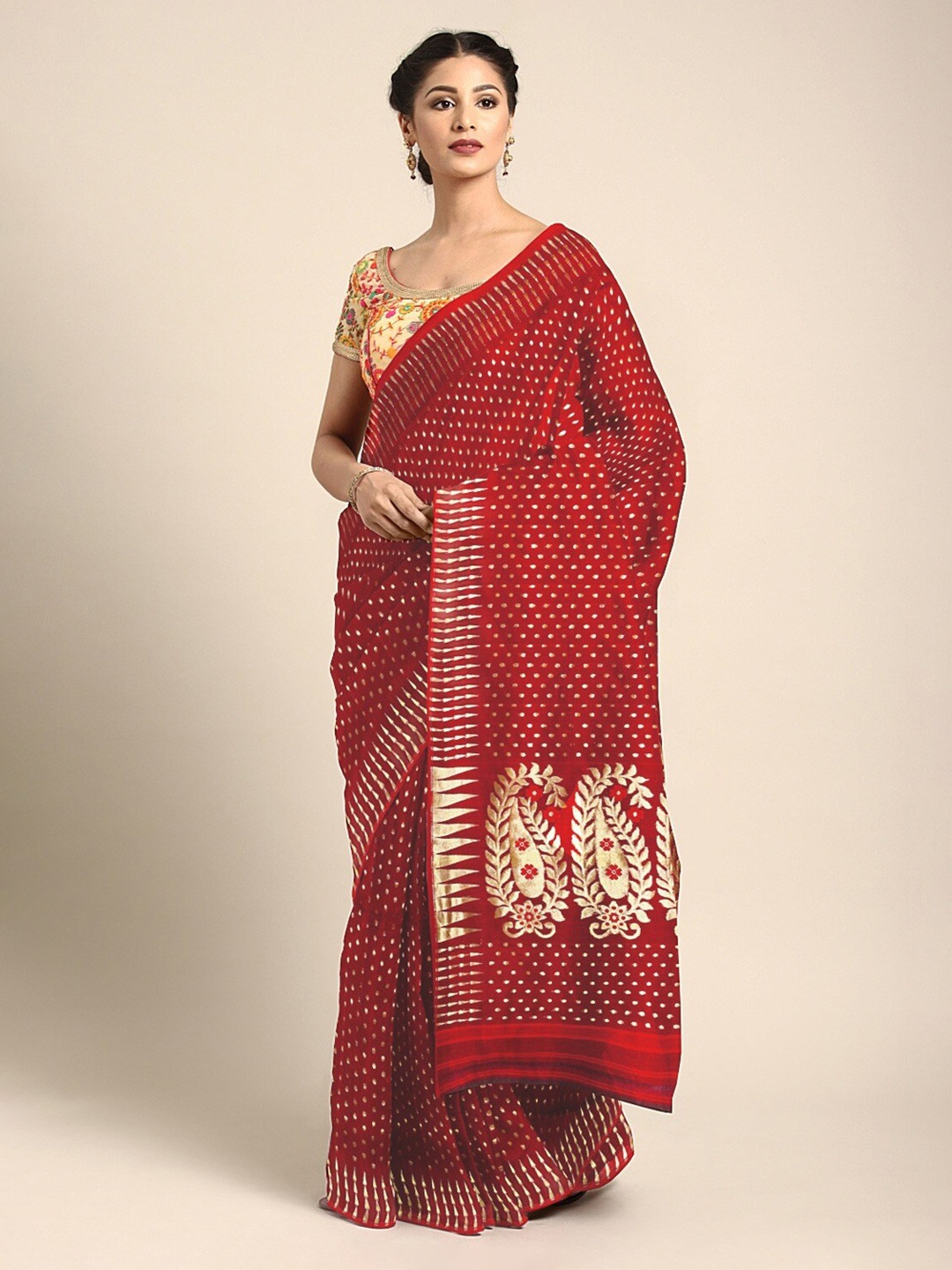 

Mitera Red & Gold-Toned Silk Cotton Woven Design Jamdani Saree