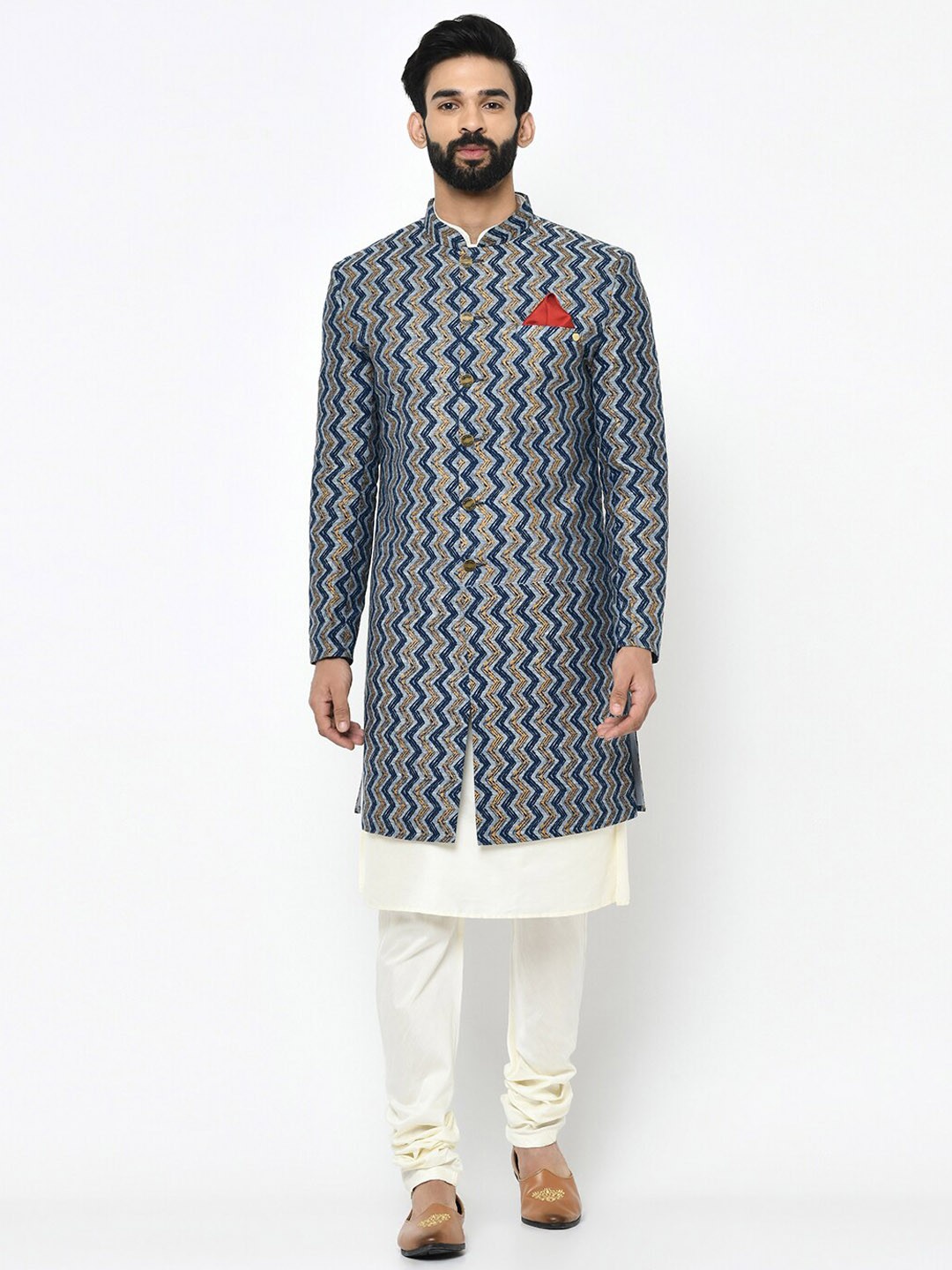 

KISAH Men Printed Indowestern Sherwani Set, Navy blue