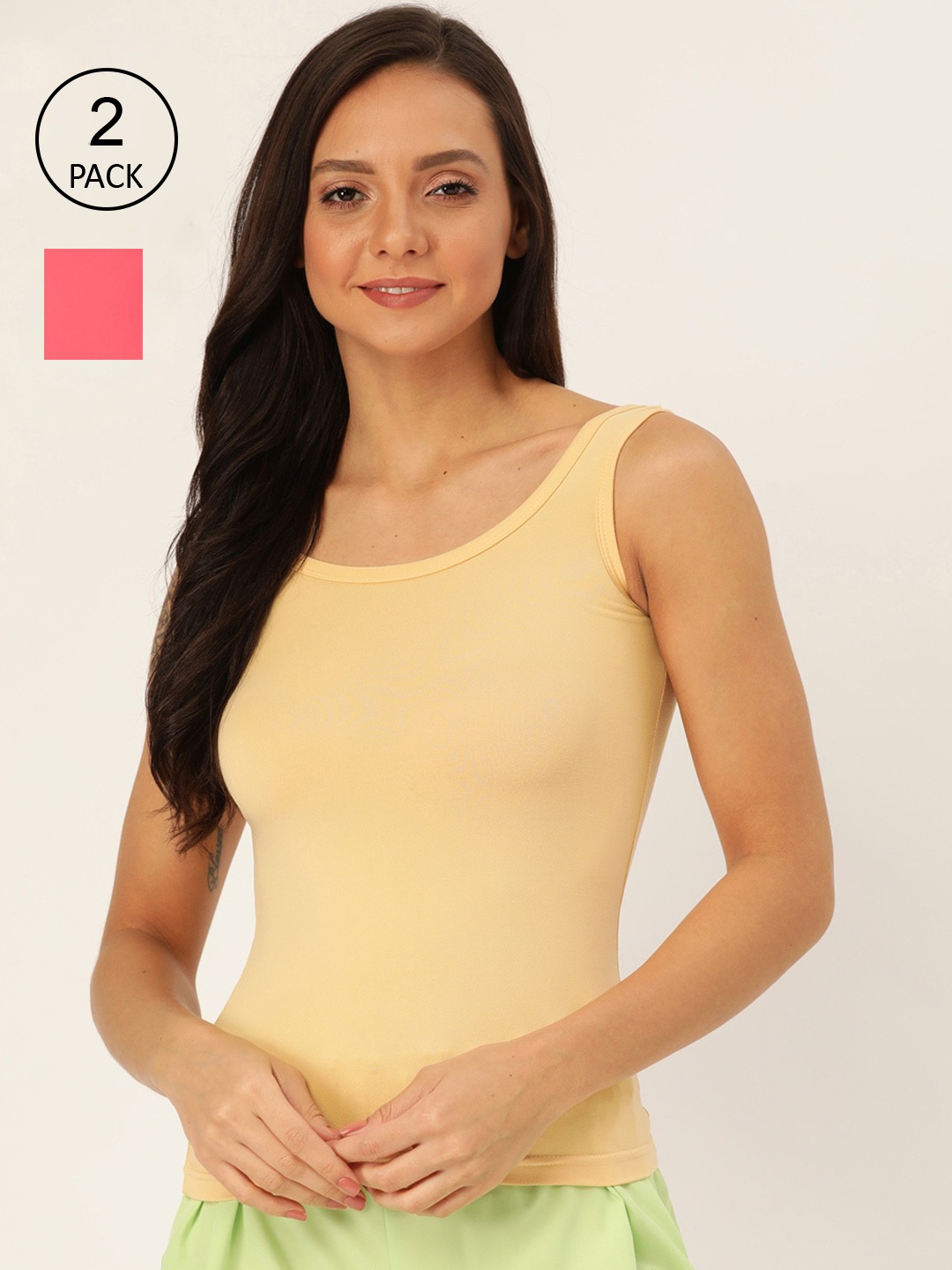 

Lady Lyka Women Pack of 2 Tank Top Camisoles CAMI-14-SKN-PLM, Beige