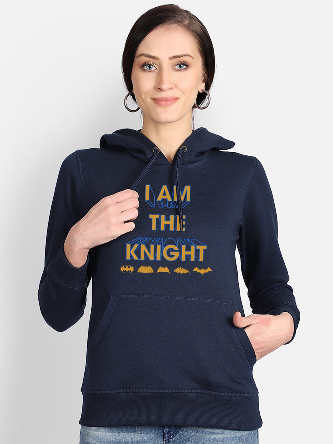 Free Authority Women Navy Blue Batman Print Hooded Sweatshirt