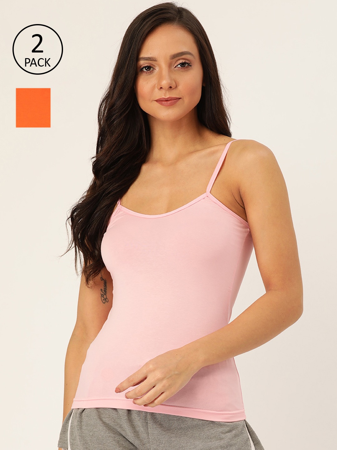 

Lady Lyka Women Pack of 2 Spaghetti Top Camisole CAMI-04-BPNK-ORG, Multi